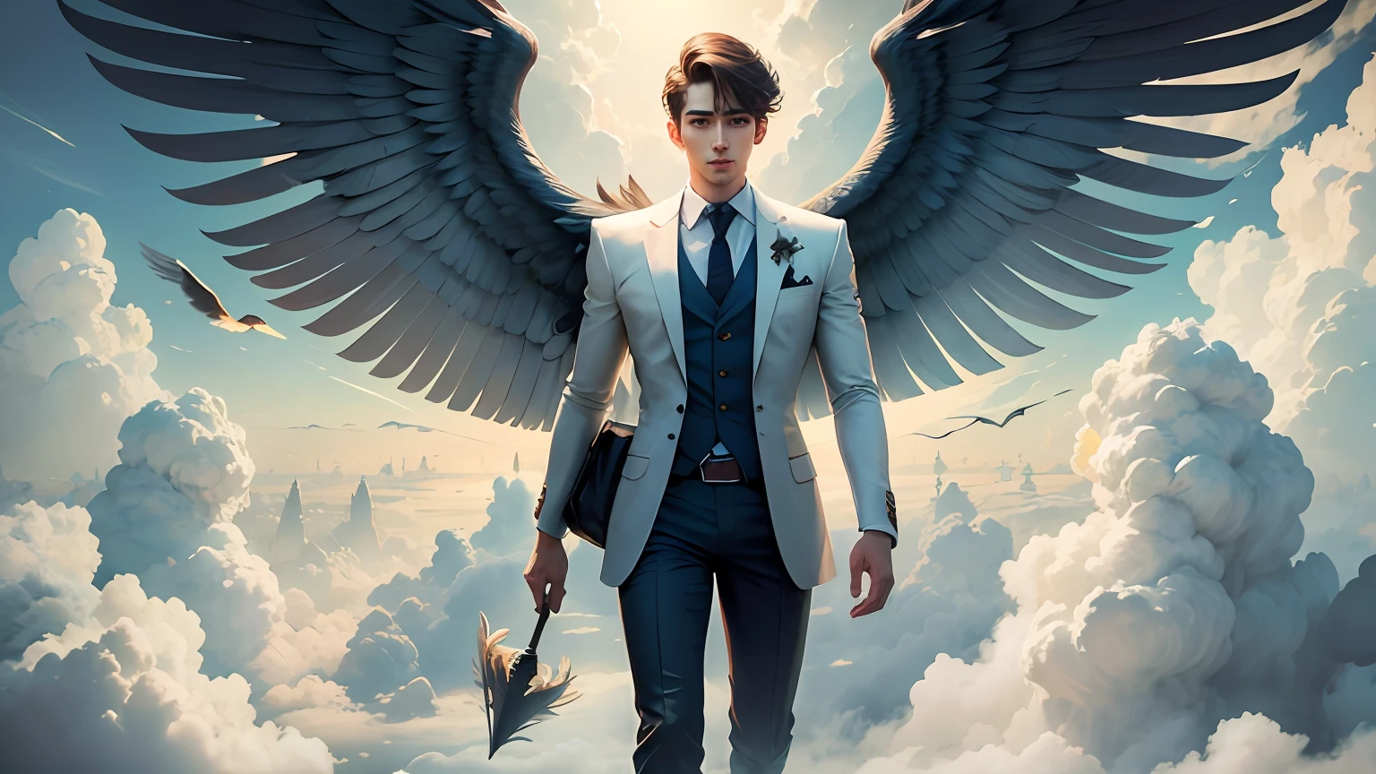 Handsome man with wings standing on the clouds --auto --s2