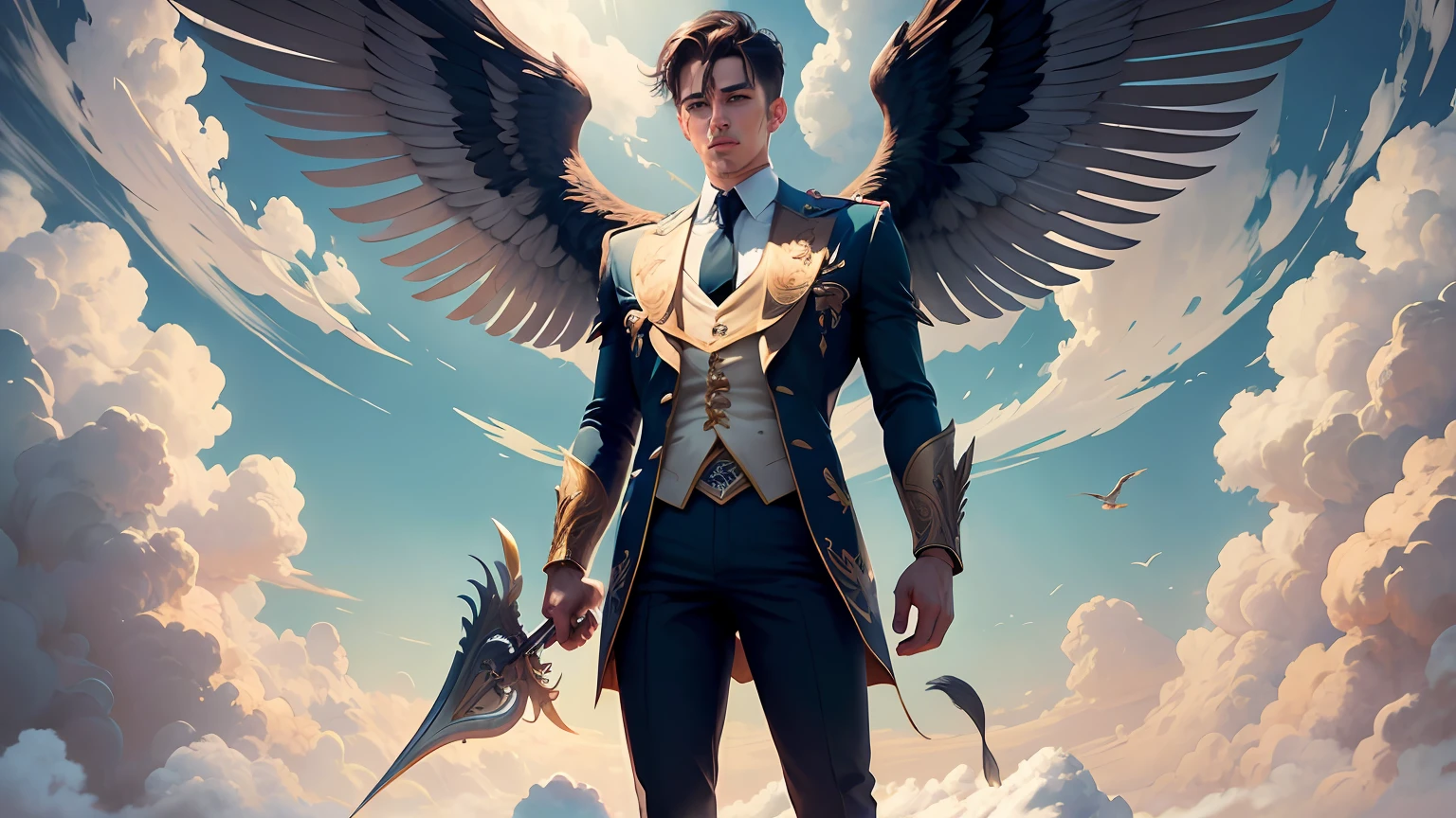 Handsome man with wings standing on the clouds --auto --s2
