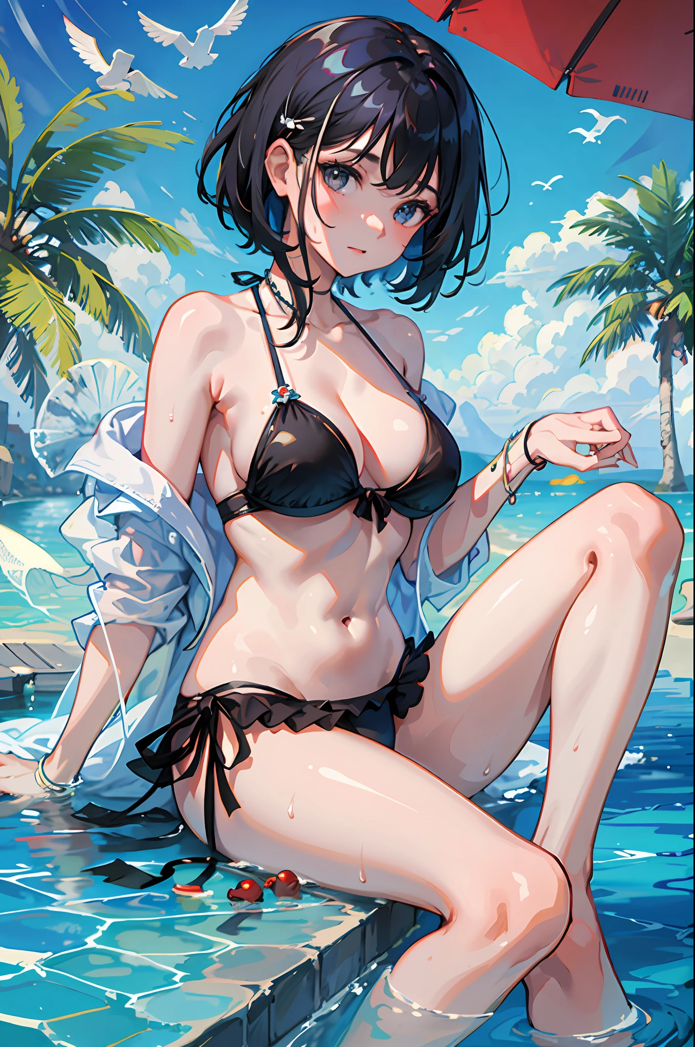1girl, ball, balloon, bare shoulders, barefoot, beachball, bikini, bird, black hair, boat, breasts, bubble, caustics, dolphin, full body, holding, holding ball, inflatable toy, innertube, jacket, looking at viewer, medium breasts, navel, off shoulder, palm tree, penguin, plant, pool, pool ladder, poolside, ripples, short hair, sitting, soaking feet, solo, splashing, string bikini, swimsuit, transparent background, wading, water, whale, white bikini