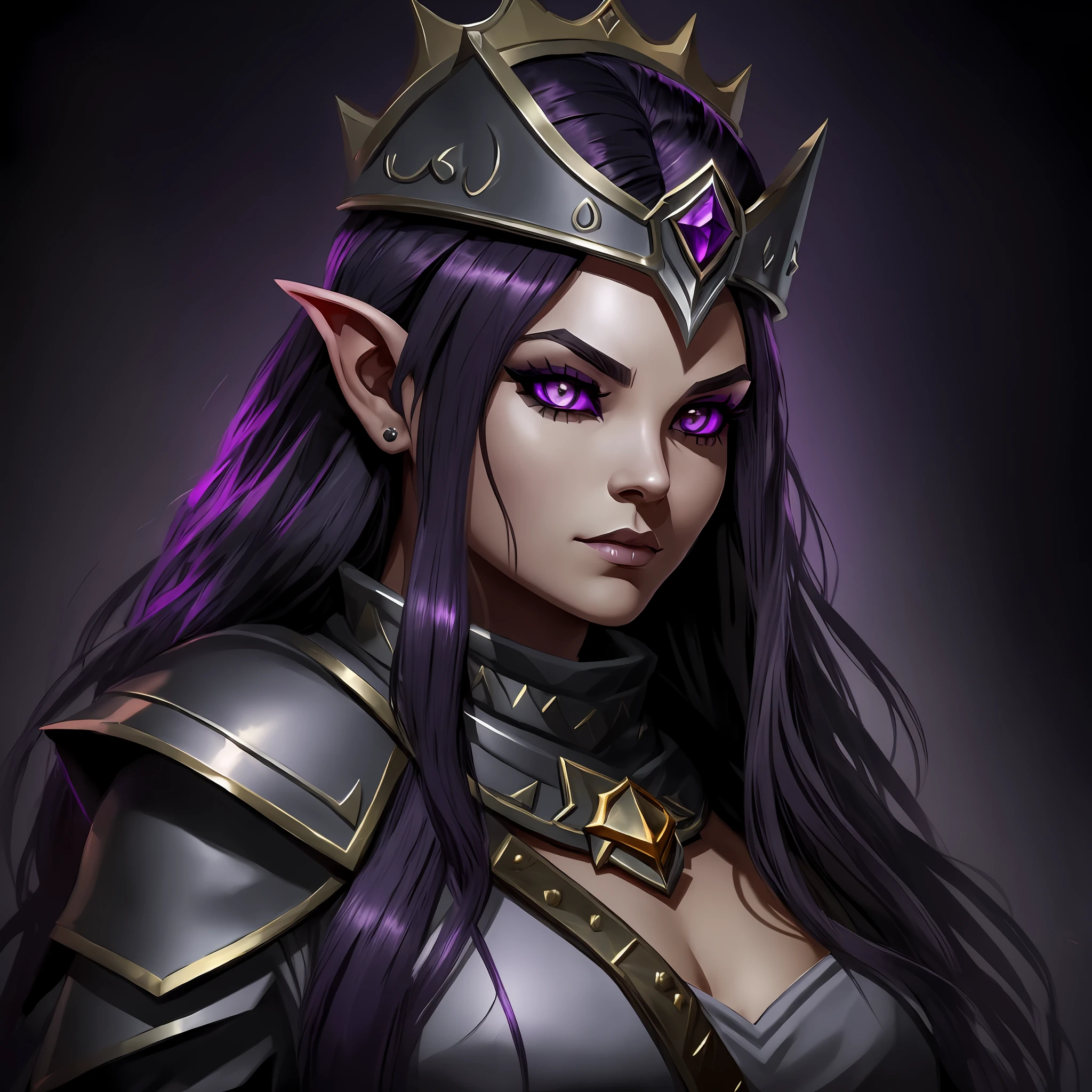 Small, dwarvin, grey skinnend, goodlooking, female, dark, death cleric, DND 5e, big amour, mace, purple eyes, black hair, crown of bones with blood diamonds --auto --s2