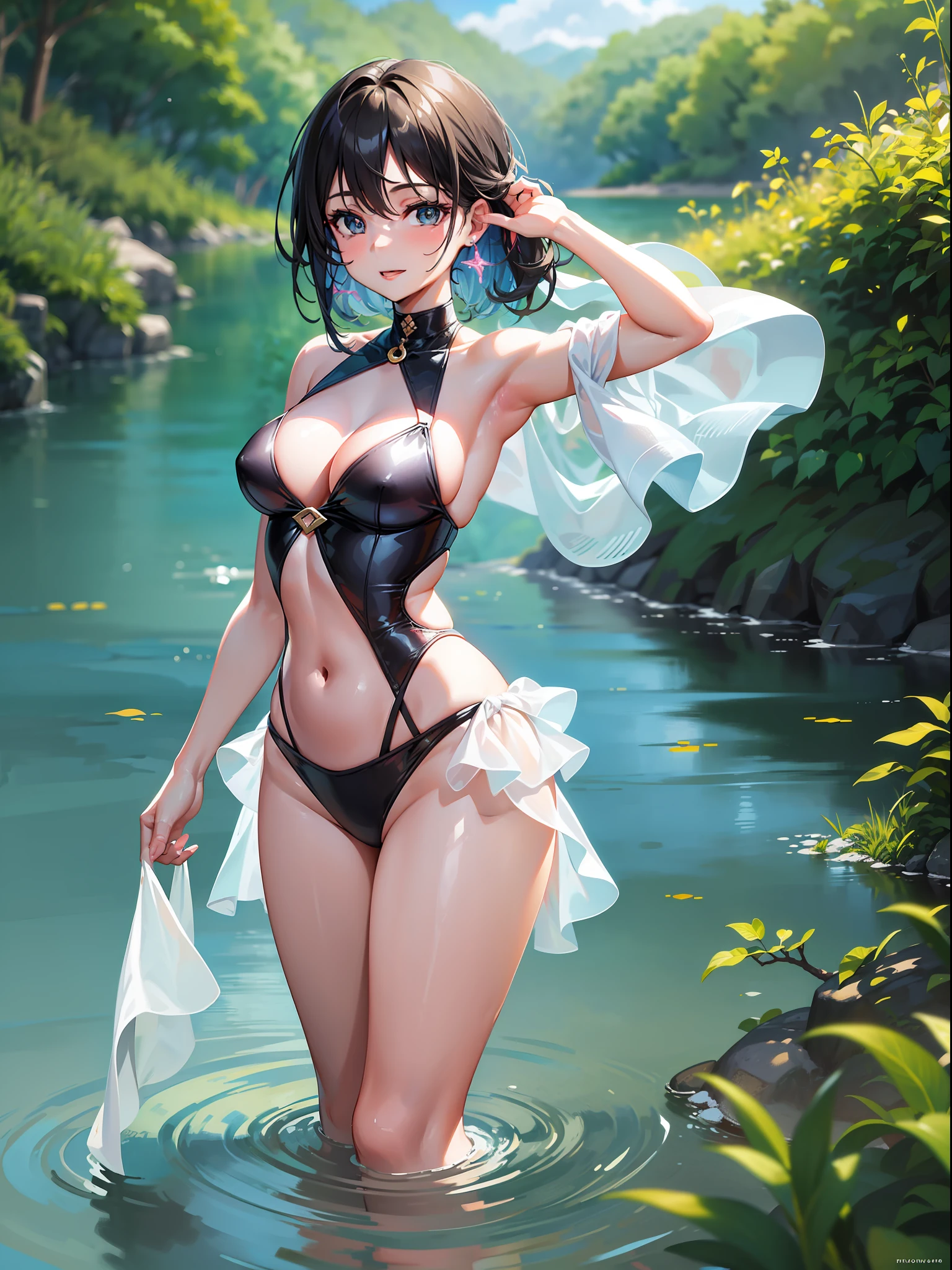 The girl has a bright smile on her face and is having a good time by the river. Her hair sparkles in the sunlight, and her reflection in the water is full of elegance and confidence. Her swimsuit is in bright shades, symbolizing the cheerfulness of summer. The girl is depicted standing in the shallow water of the river, immersing her feet in the transparent water. Splashes spread around her, and her expression is filled with joy and excitement. In the background, a river landscape spreads, lush trees and birdsong wrap around her. Her eyes stare into the distant landscape, giving a sense of adventure and inquiry