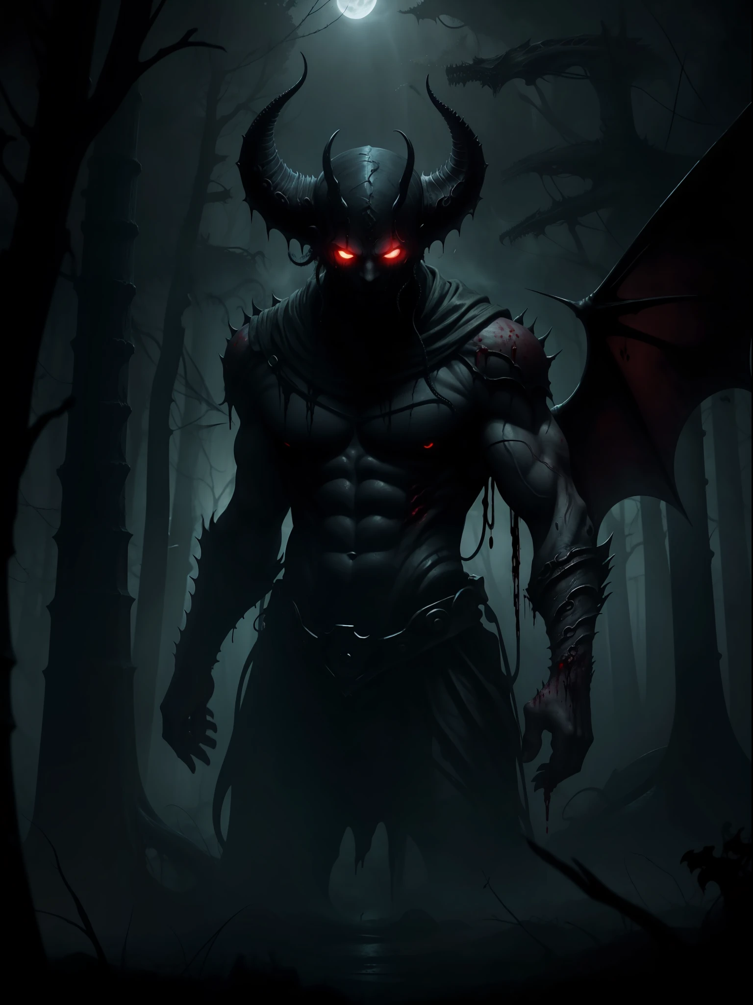 demons with tentacles, night, dark environment, darkness, fog, blood