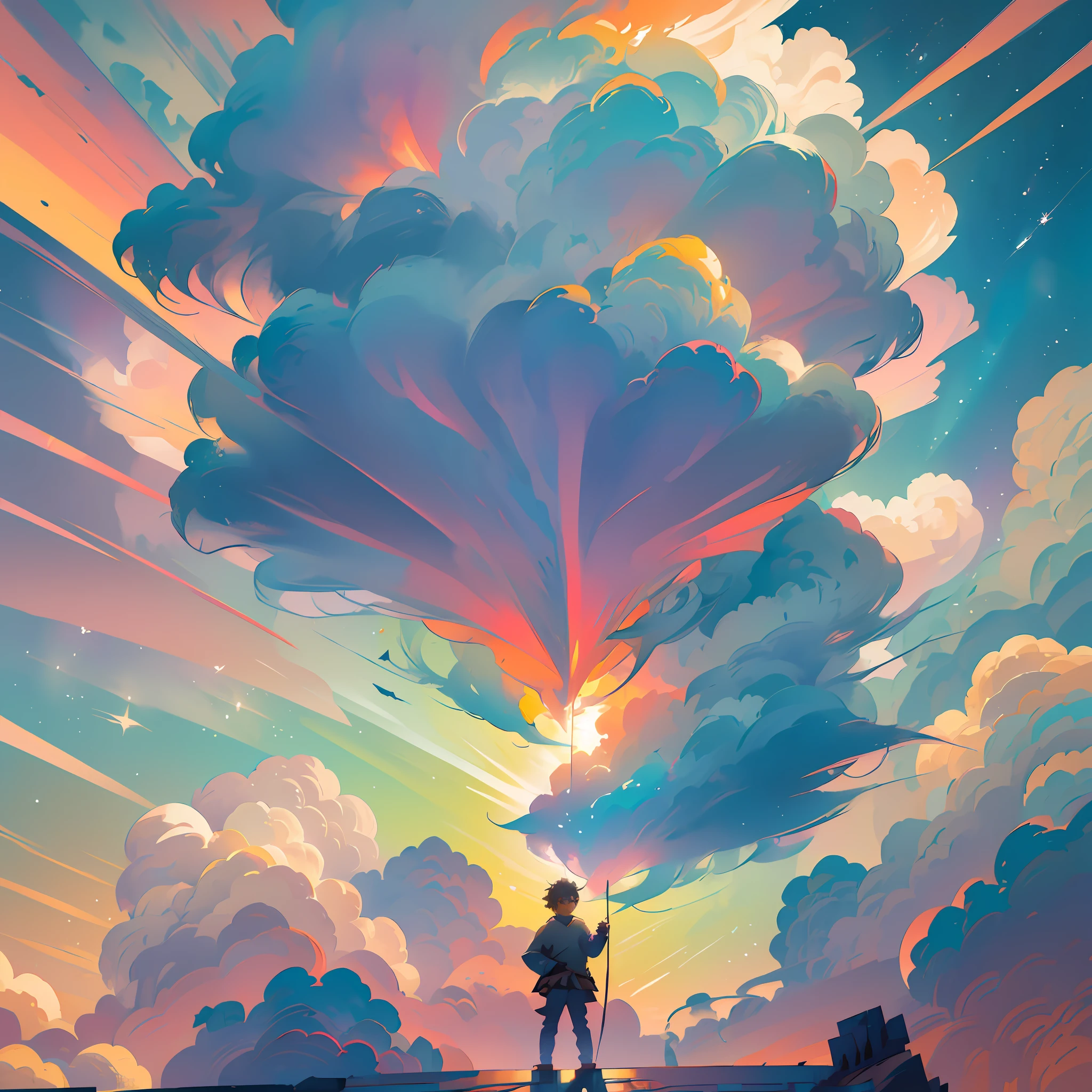 (extremely detailed CG unity 8k wallpaper, best quality, ultra-detailed), an emotional scene, lonely boy looking up to the sky, unique anime style, vibrant colors, dramatic lighting, soft and beautiful clouds, (sky+clouds+watercolor), dreamy atmosphere. --auto --s2