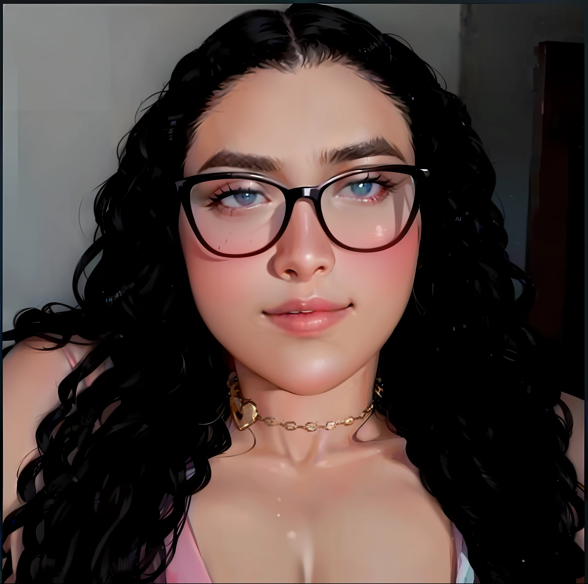 there is a woman with glasses and a pink top posing for a picture, headshot profile picture, wavy long black hair and glasses, profile image, alanis guillen, violet myers, by Nándor Katona, high quality portrait, profile picture, photo taken in 2 0 2 0, professional profile picture, very very low quality picture, halfbody headshot