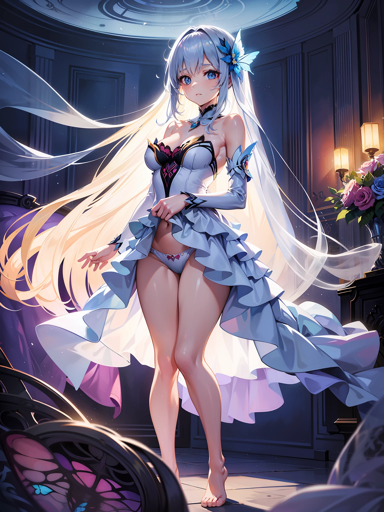 It is an illustration of a girl wearing underwear floating in a bedroom with a fantastic atmosphere. The room is bathed in soft light, and the walls are decorated with elegant flower paintings. The bed is covered with a thin veil, on which the girl lies beautifully. Her transparent underwear gives off a dreamlike glow and even seems to be floating in the air. Her hair spreads flowingly, creating graceful movement throughout the room. Flowers and butterflies painted by outstanding artists flutter around her, giving her a magical presence in the air. In the background, a strange landscape spreads out, reminiscent of a fairy tail-like world. The moonlight shines through the windows of the room, creating a fantastic glow around the girl. This illustration expresses the girl's dream world and imagination, creating the feeling that she exists in a place full of mysterious magic.