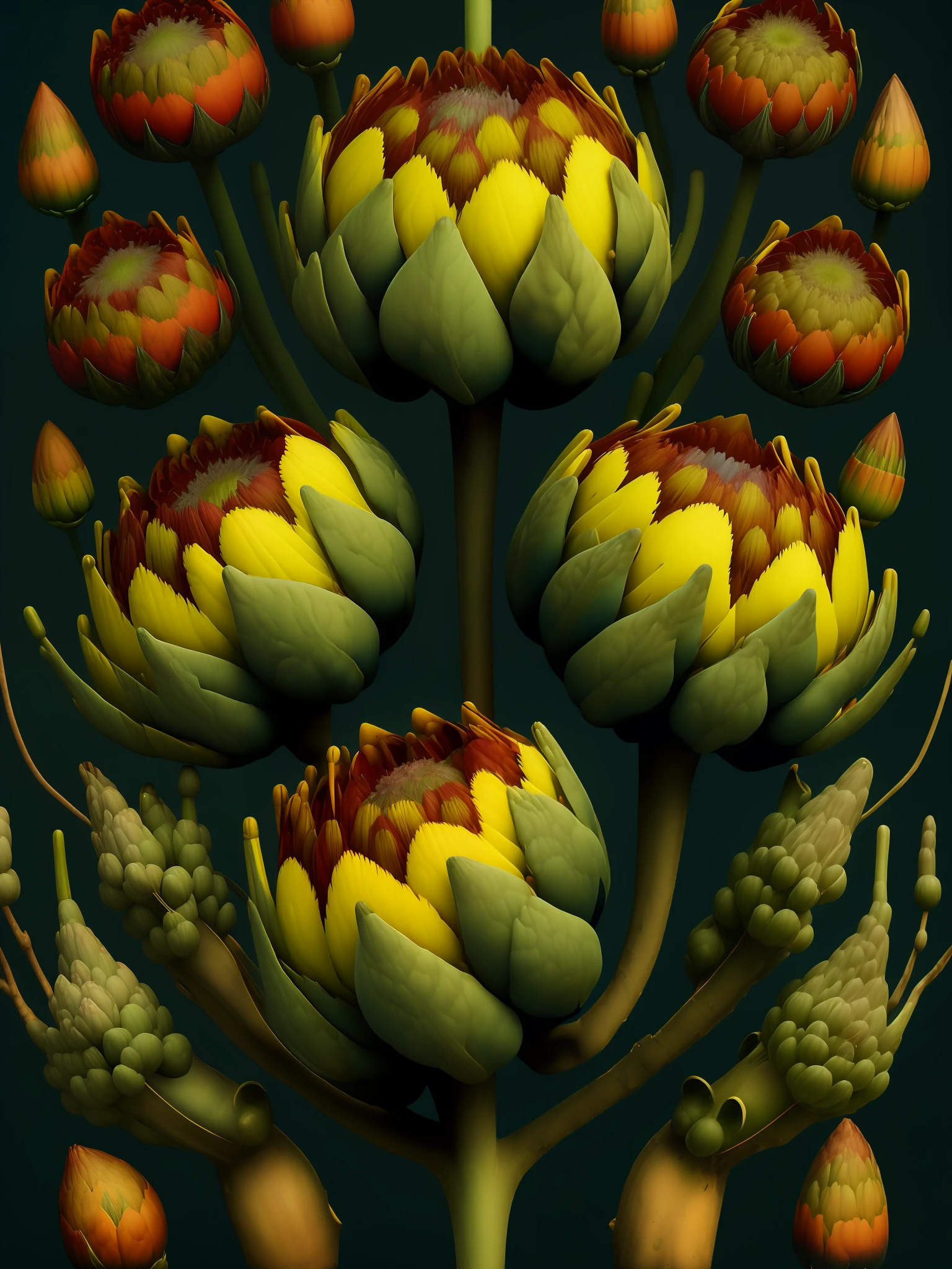 Khokhloma style artichoke bouquet. patterned background. high detailed