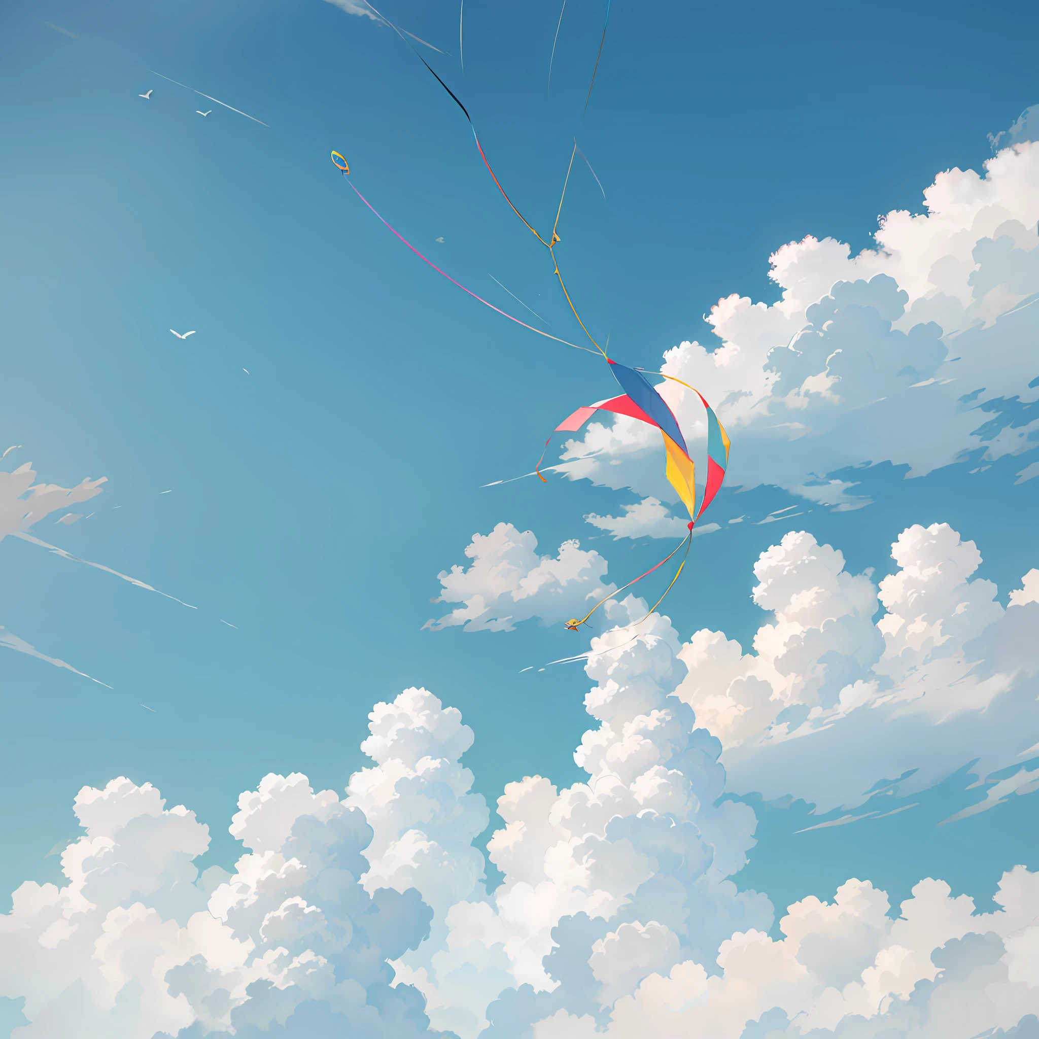 there are many kites flying in the sky with clouds, by Kentaro Miura, flying in sky, anime sky, flying in the sky, anime clouds, in style of makoto shinkai, a beautiful artwork illustration, anime beautiful peace scene, kites, style of makoto shinkai, by Kamisaka Sekka, colorful anime movie background, anime background