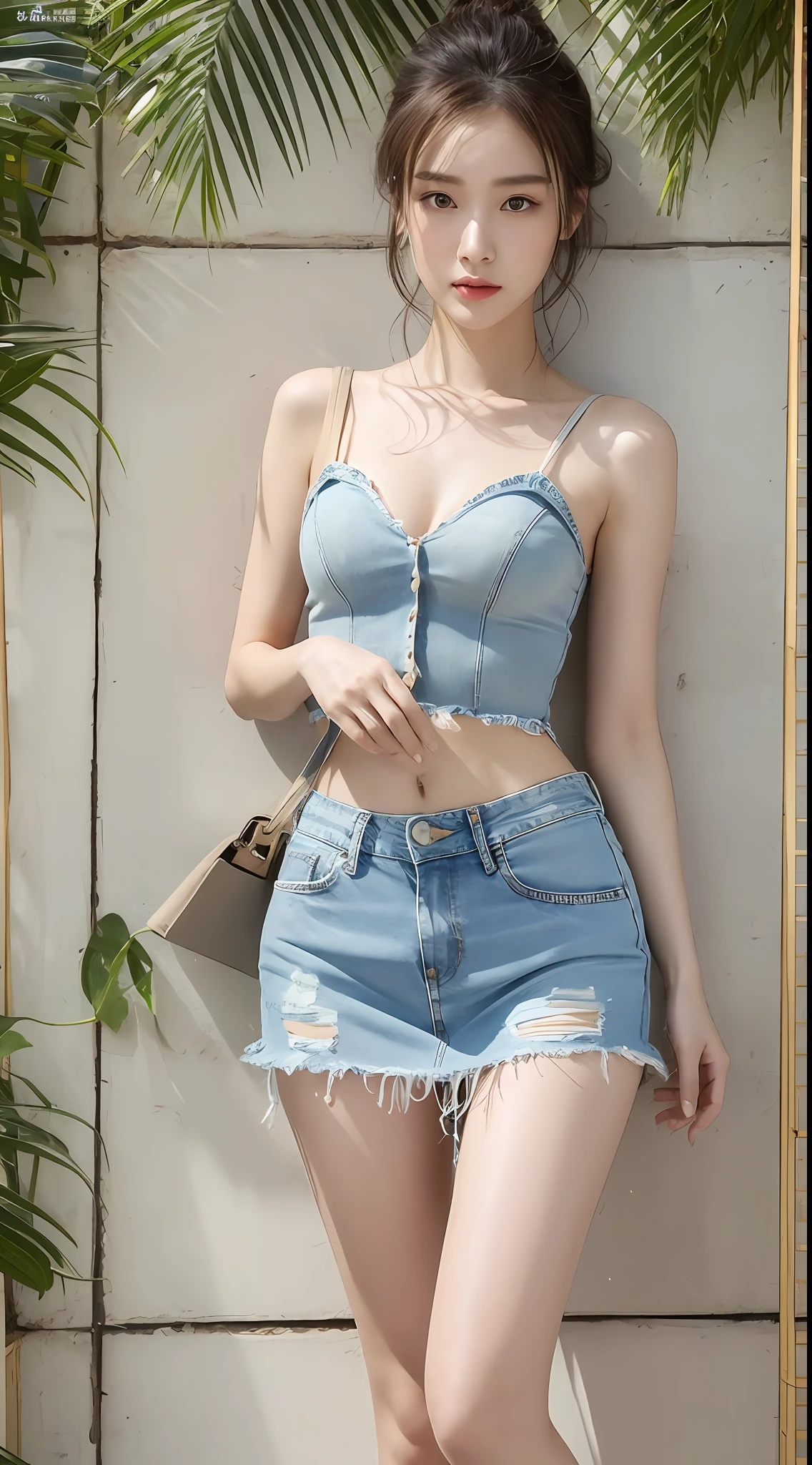 Fashion trendy beautiful and charming woman, gentle and charming Chinese beautiful woman, delicate and sexy collarbone, charming oval face, double eyelids, smart peach blossom eyes, pink lips, small nose, bare shoulders, focus on the face, close-up of the face, Ultra-high-definition, super-detailed, full-body photo, ultra-thin and light-transmitting, with this light blue denim skirt and beige T-shirt, the gentle light-colored matching makes the skin white and beautiful, and the temperament is outstanding, plus the whole matching is elastic The combination also shows the figure, and can be seen through