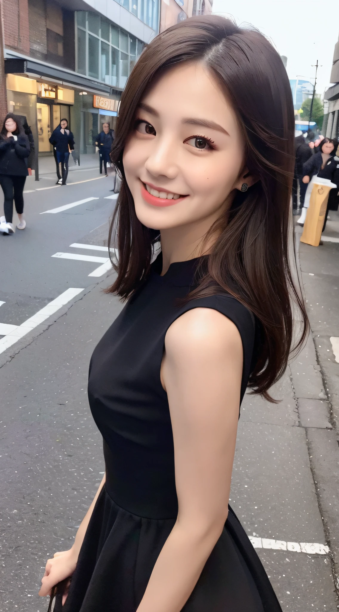 ((Best quality, 8k, Masterpiece :1.3)), 1girl, smiling, full body, slim face, Pretty woman, (Dark brown hair), full length dress :1.1, Ultra-detailed face, Detailed eyes, Double eyelid, blur background, slim face, city, outside, street,