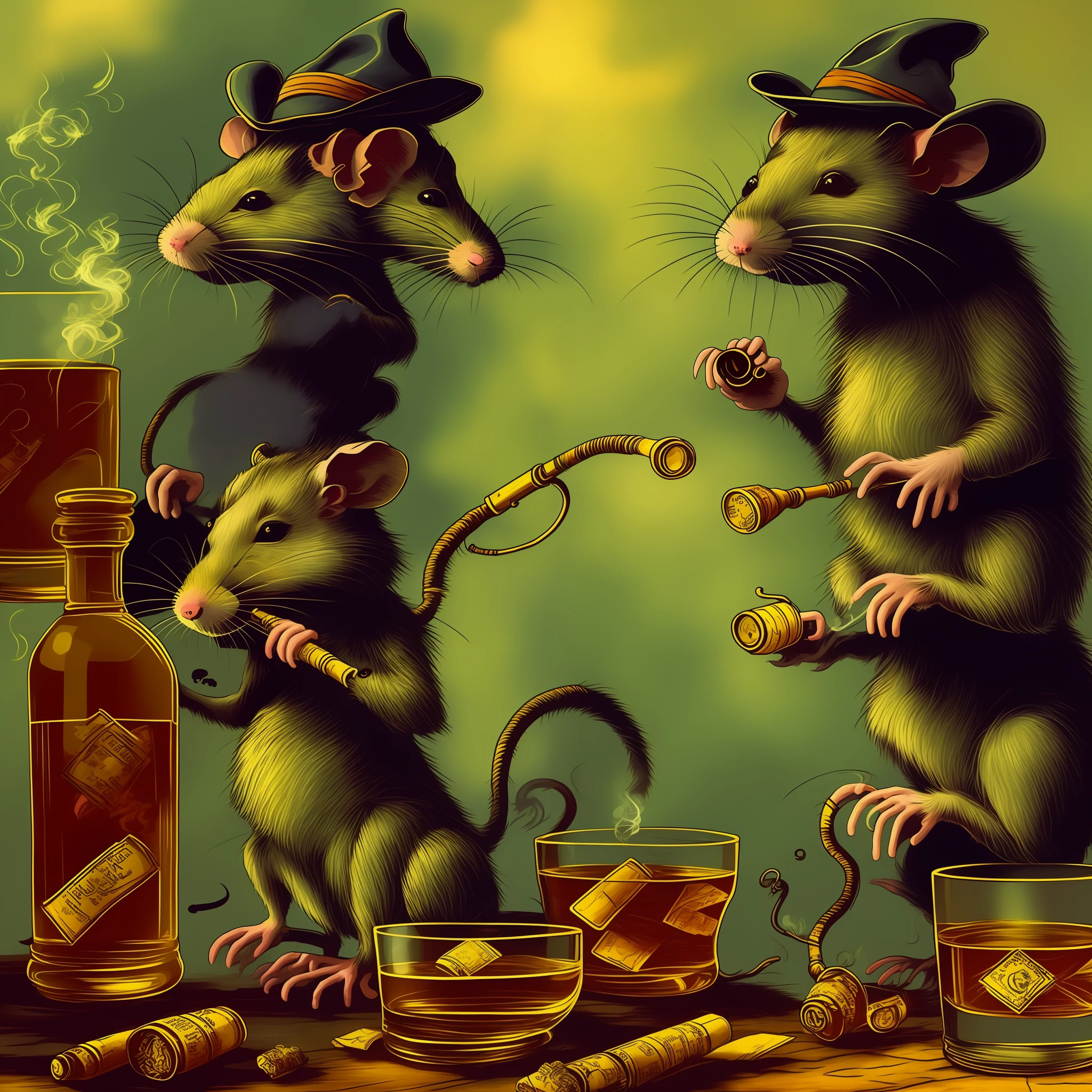 Create an image of a rat smoking a pipe and drinking whiskey, in an impressionistic style like a work by Monet.