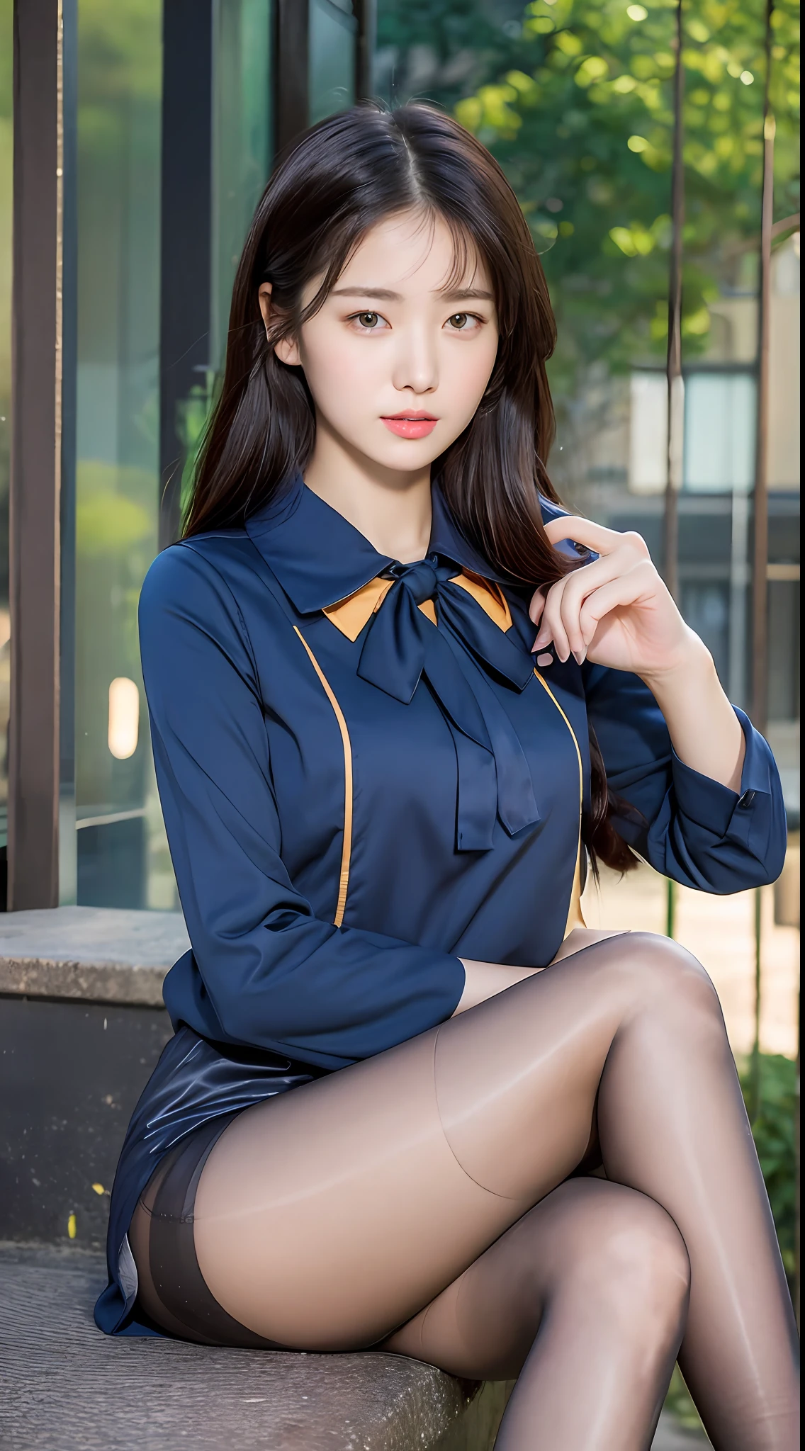 Best quality, full body portrait, delicate face, pretty face, 25 year old woman, slim figure, small bust, OL uniform, office clothes, black stockings, outdoor scene, sitting position