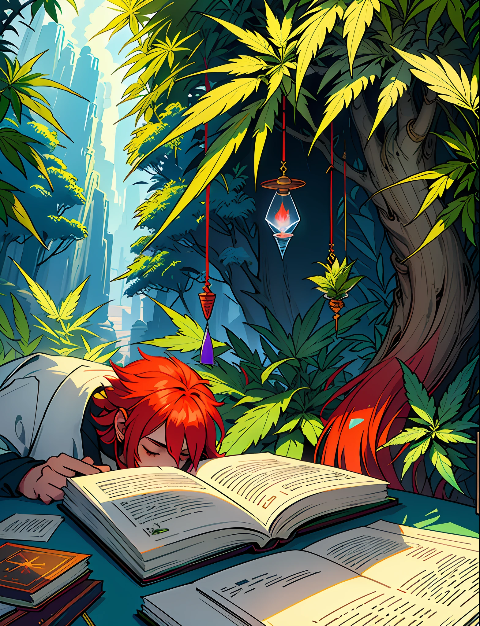 Close up closeup Hemp, leaf, marijuana, cannabis cone, ((illustration)), colorful, wallpaper, energy, secret, magical environment, magical environment, magic wand, books, pages flying in the sky, omniscience, prediction of the future, understanding the past, frost magic, spells, red hair, long hair, --v 6