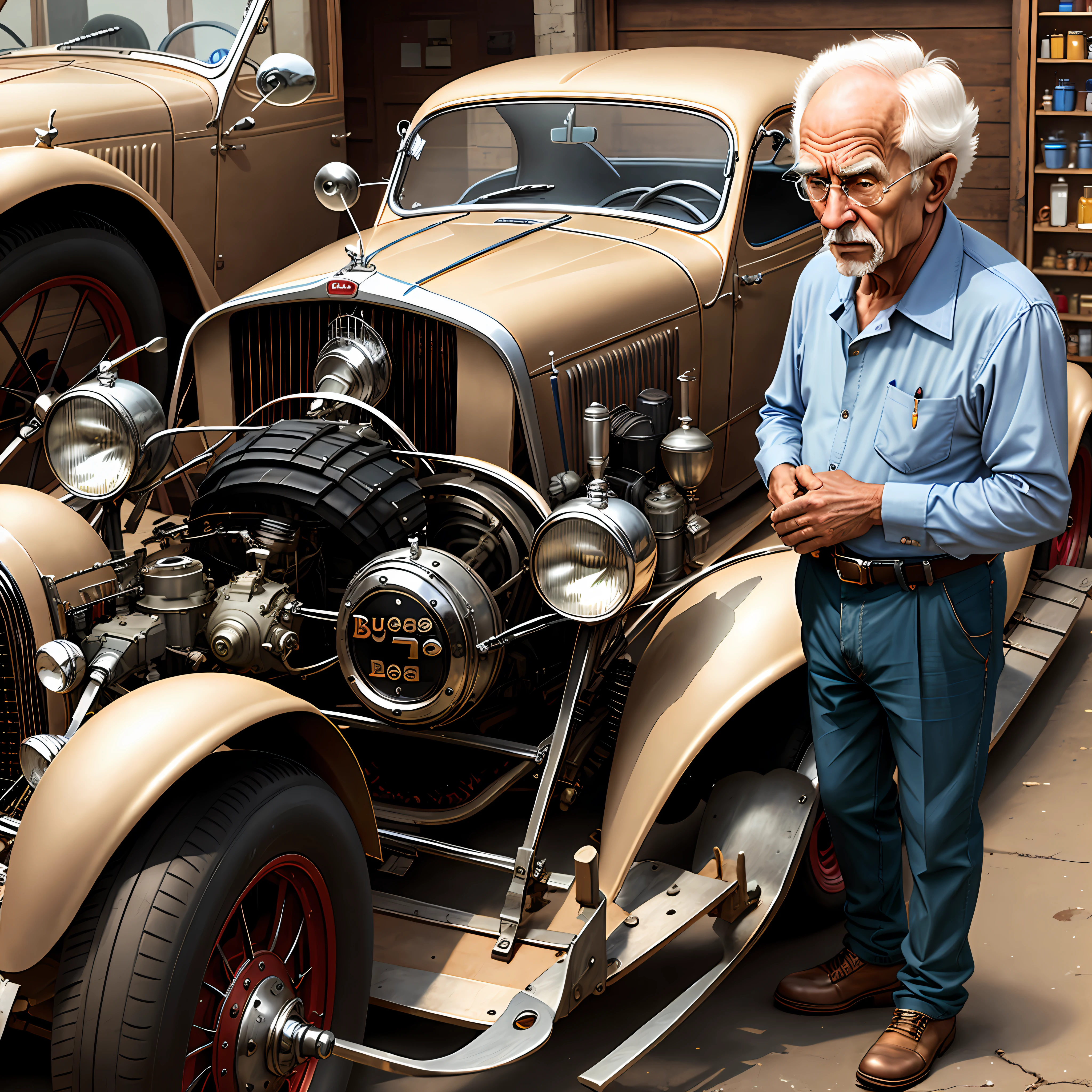 an old man next to a Bugatti in a mechanic shop