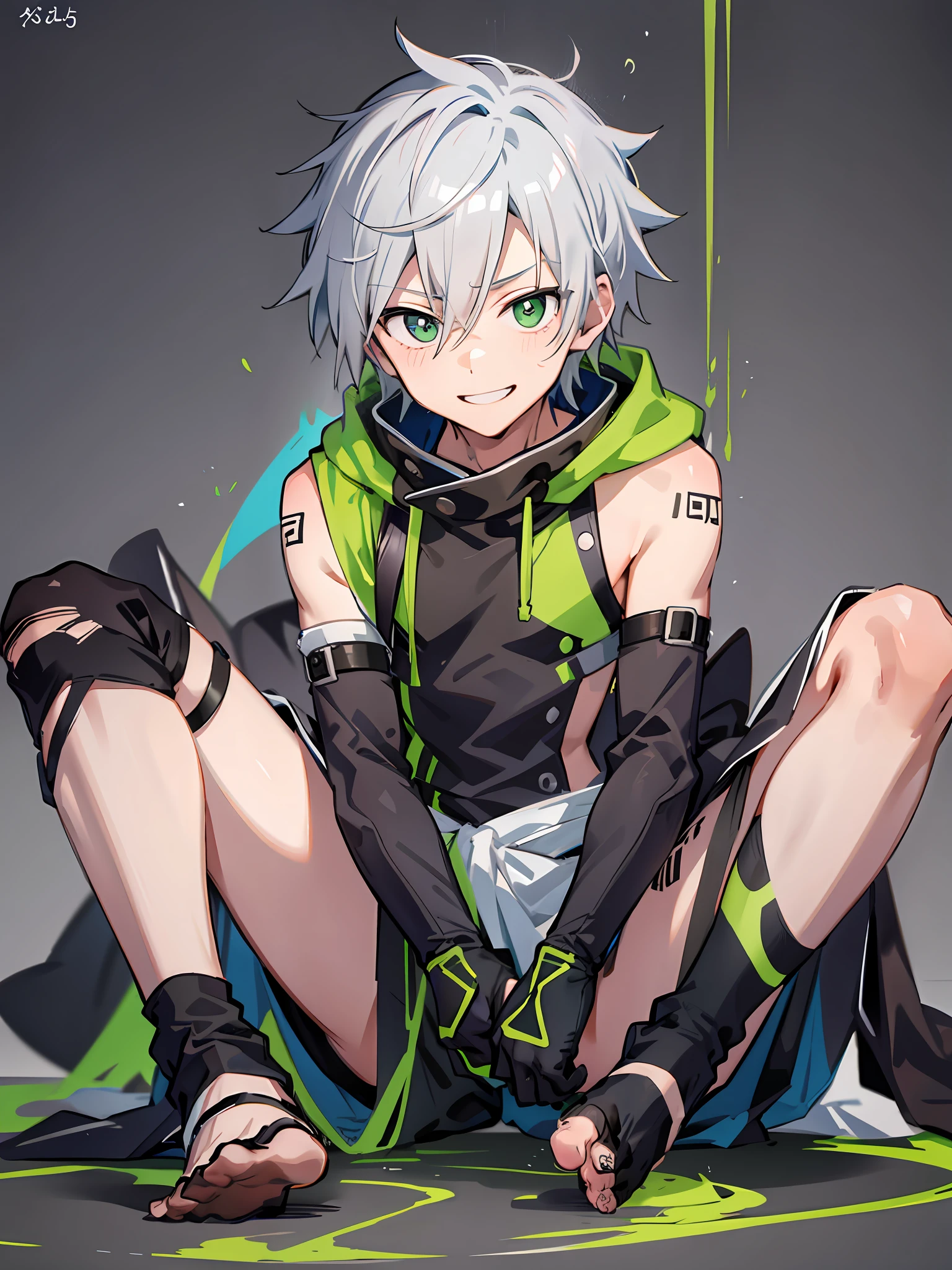 Single man, shonen, shota, gray hair, green pupils, green bleaching, ninja, stepping socks, feet together, smiling, ninja, transparent clothes