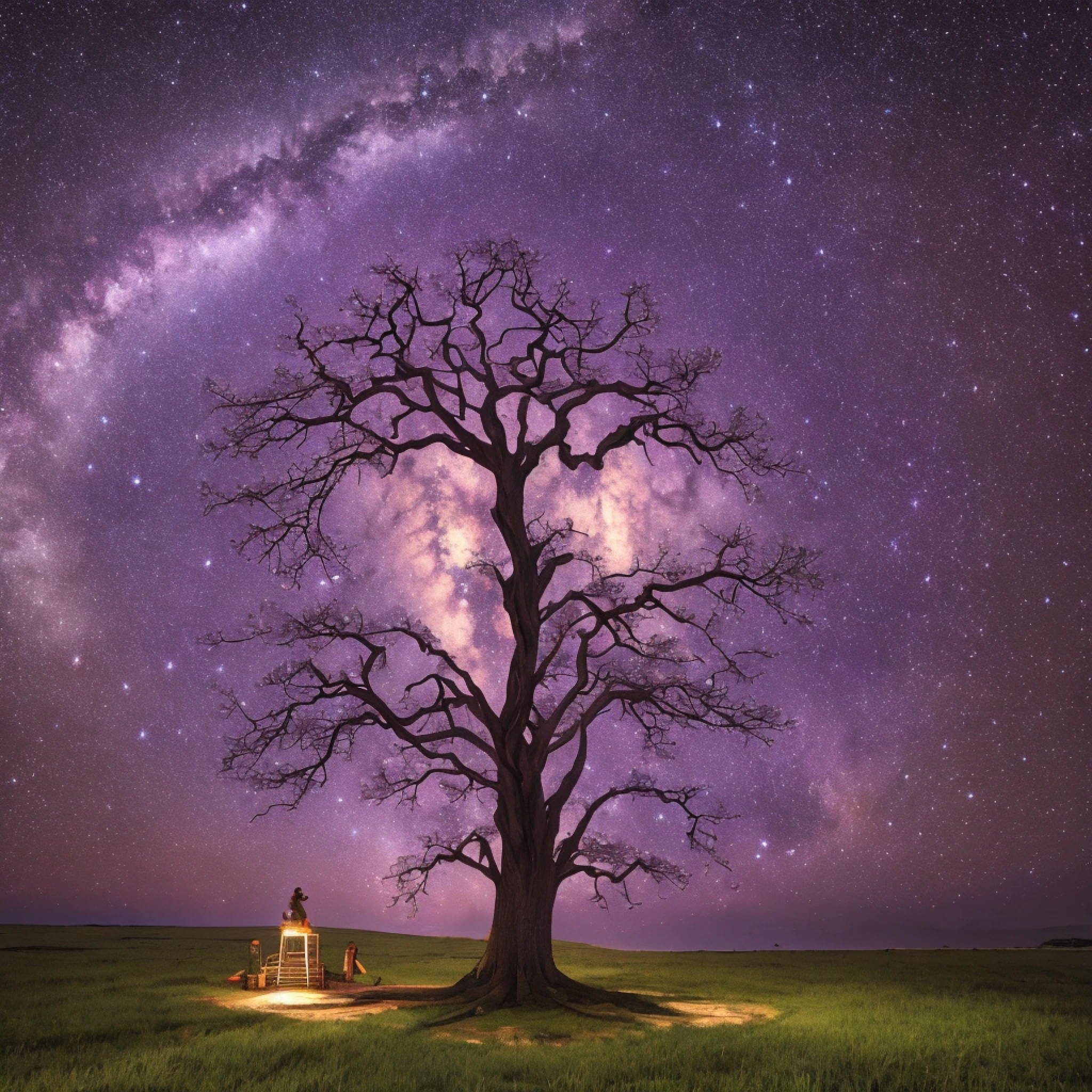 The tree of life, on top of a large top, with a woodcutter with chainsaw cutting it, better image quality, super detailed, on a dark night full of stars with magical lighting with shades of purple --auto --s2