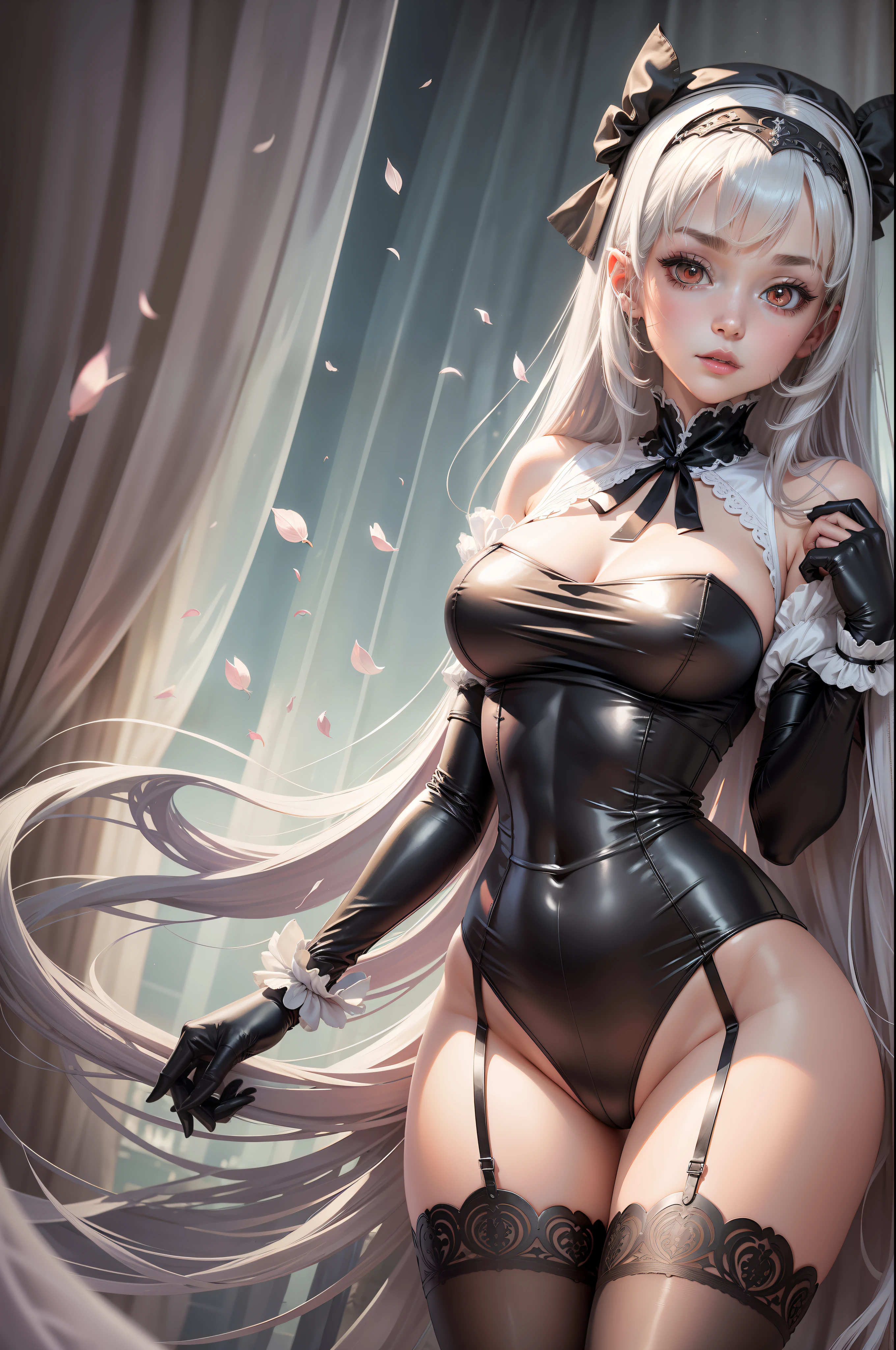 (best quality, ultra detailed, illustration, masterpiece),curtains, bodystocking, 1girl, solo, thighhighs, gloves, large breasts, long hair, white thighhighs, nun, looking at viewer, halo, blush, long sleeves, covered navel, bangs, neck ribbon, braid, red eyes, thighs, closed mouth, leotard, petals, dress, white leotard