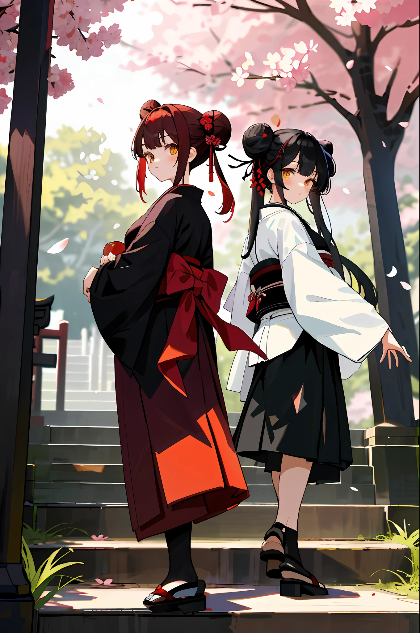 ((masterpiece,best quality)),2girls, black kimono, black legwear, black ribbon, black hair, cherry blossoms, day, flower, hair bun, hair ribbon, japanese clothes, kimono, long hair, looking at viewer, looking back , multiple girls, belts, outdoors, red eyes, red hair, ribbon, sandals, single bun, stairs, standing, statue, torii, tree, white kimono, yellow eyes