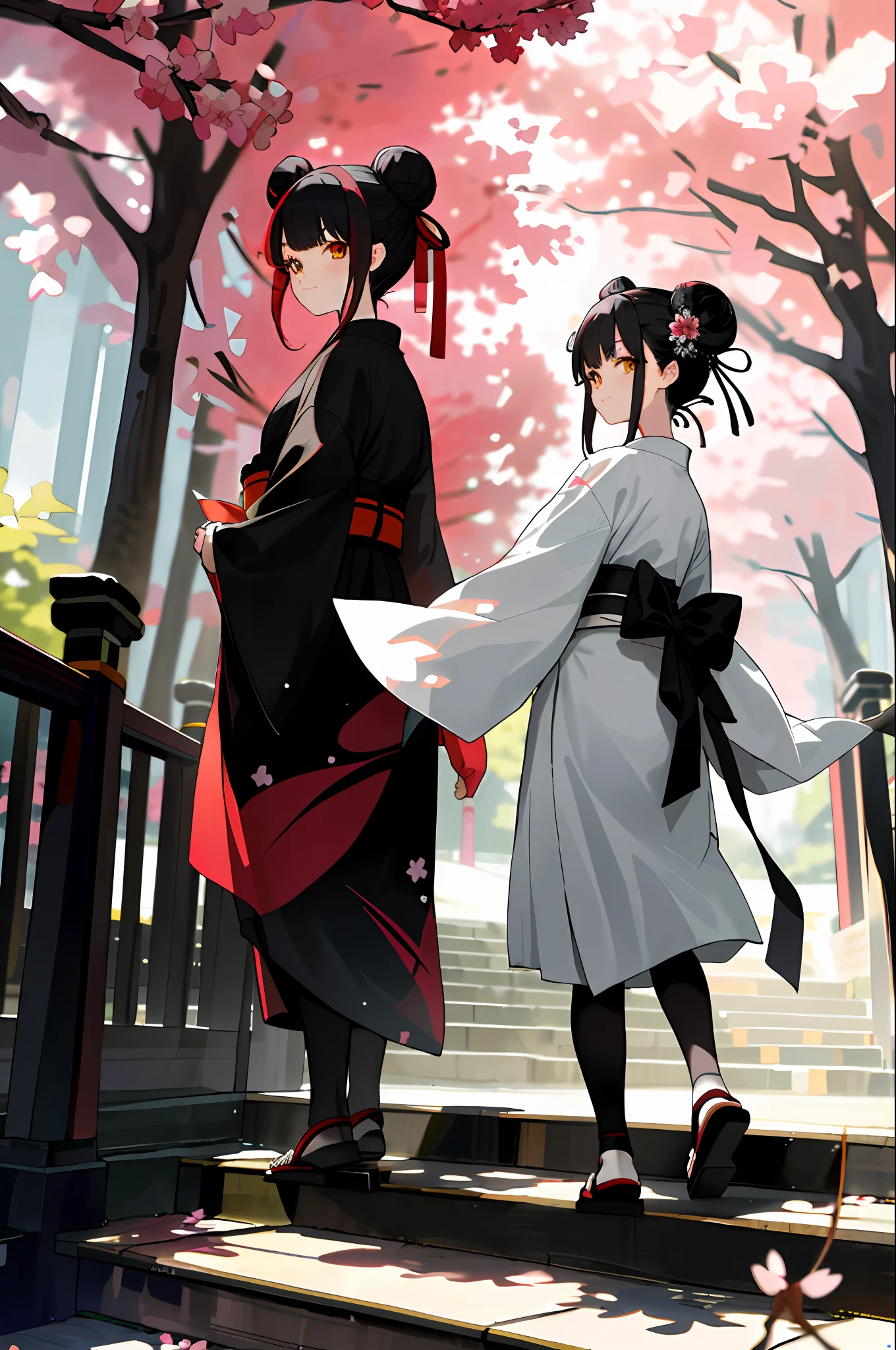 ((masterpiece,best quality)),2girls, black kimono, black legwear, black ribbon, black hair, cherry blossoms, day, flower, hair bun, hair ribbon, japanese clothes, kimono, long hair, looking at viewer, looking back , multiple girls, belts, outdoors, red eyes, red hair, ribbon, sandals, single bun, stairs, standing, statue, torii, tree, white kimono, yellow eyes