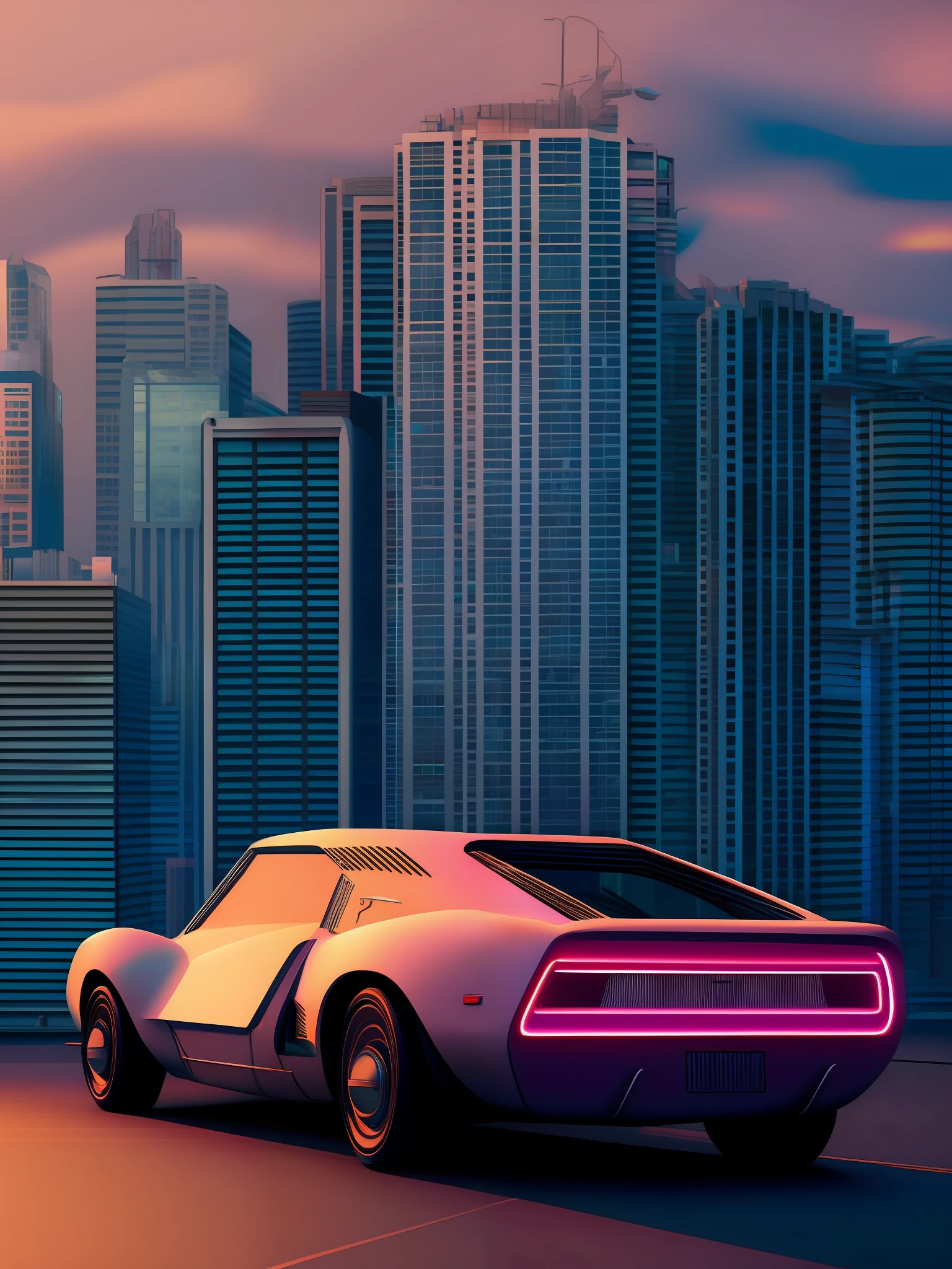 There is a car that is parked on the street with a city in the background, electric, neon retro, retrowave art, retrofuturism, sunset, centered car