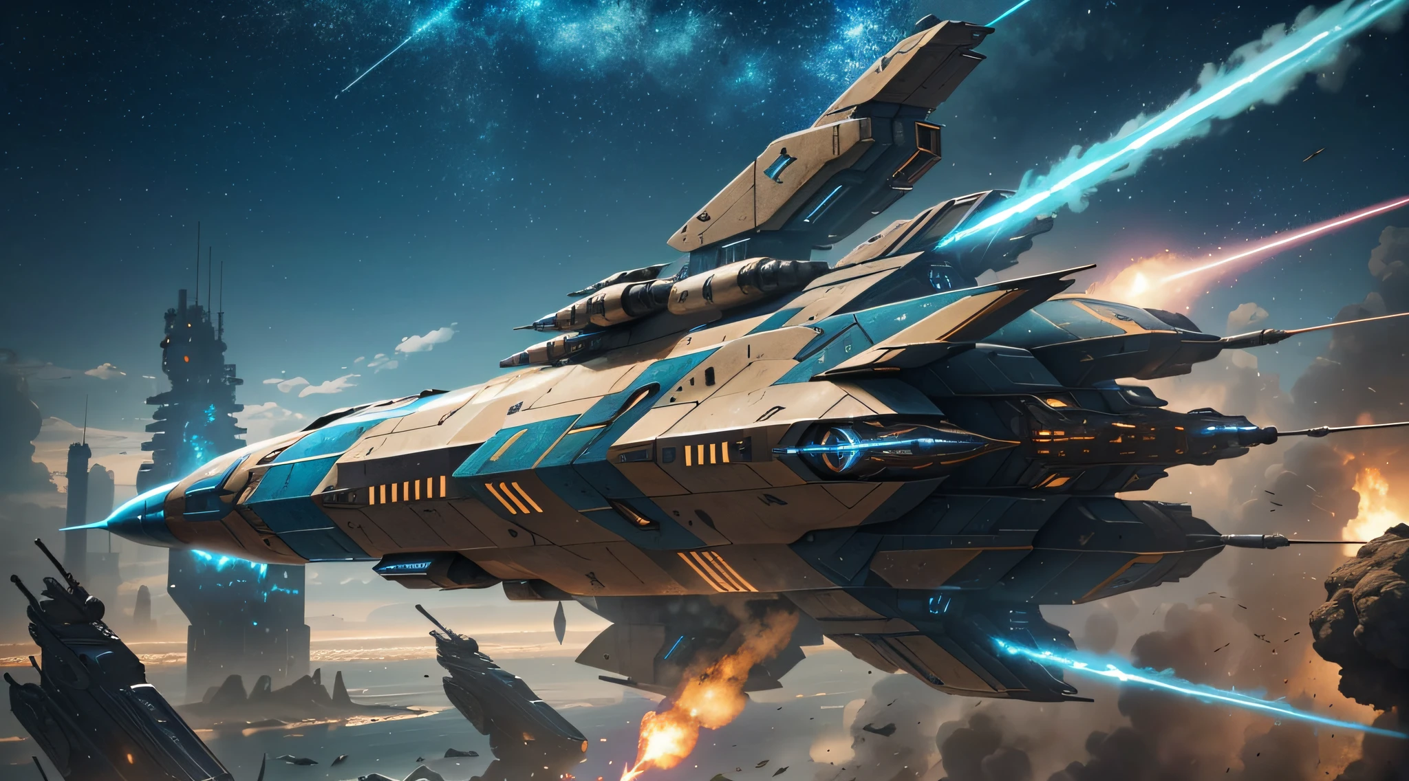 Steampunk style, cold colors, cinematic effects, futuristic sci-fi giant fighter, fighter hangs with multiple missiles, streamlined body, super detail, light and shadow, particle light, particle special effects, blue flame erupting from the tail, ambient lights, surreal sci-fi dock in the background, aesthetic, 8K, top painting, concept art, epic composition, with HD details, metallic texture and tension composition, hyper-realistic, ultra-realistic, rich in detail, 3D.