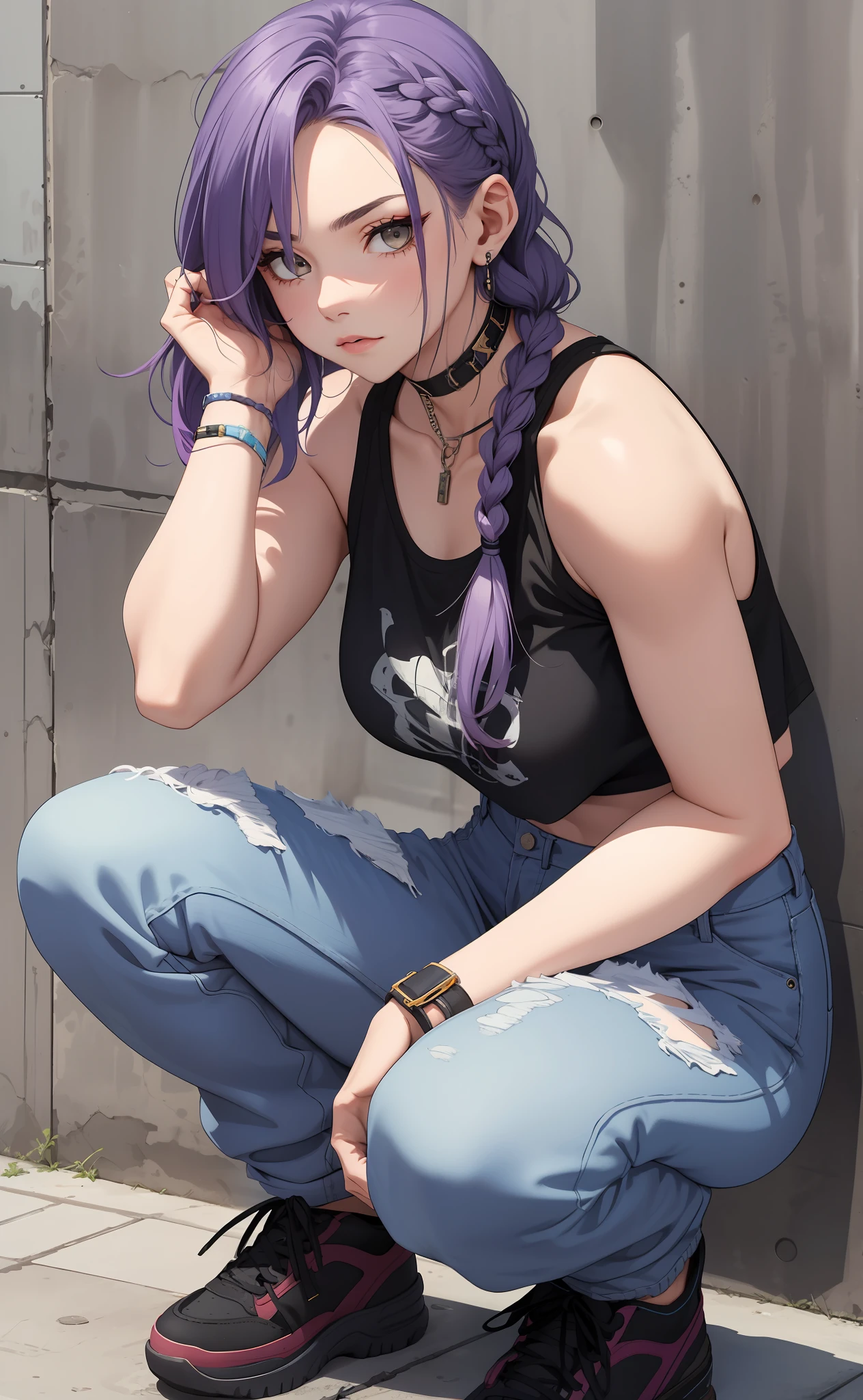 Best quality, masterpiece, beautiful cool edgy girl, wearing a sleeveless cropped top, lavender long braided hair, choker, baggy jeans, squatting on the ground