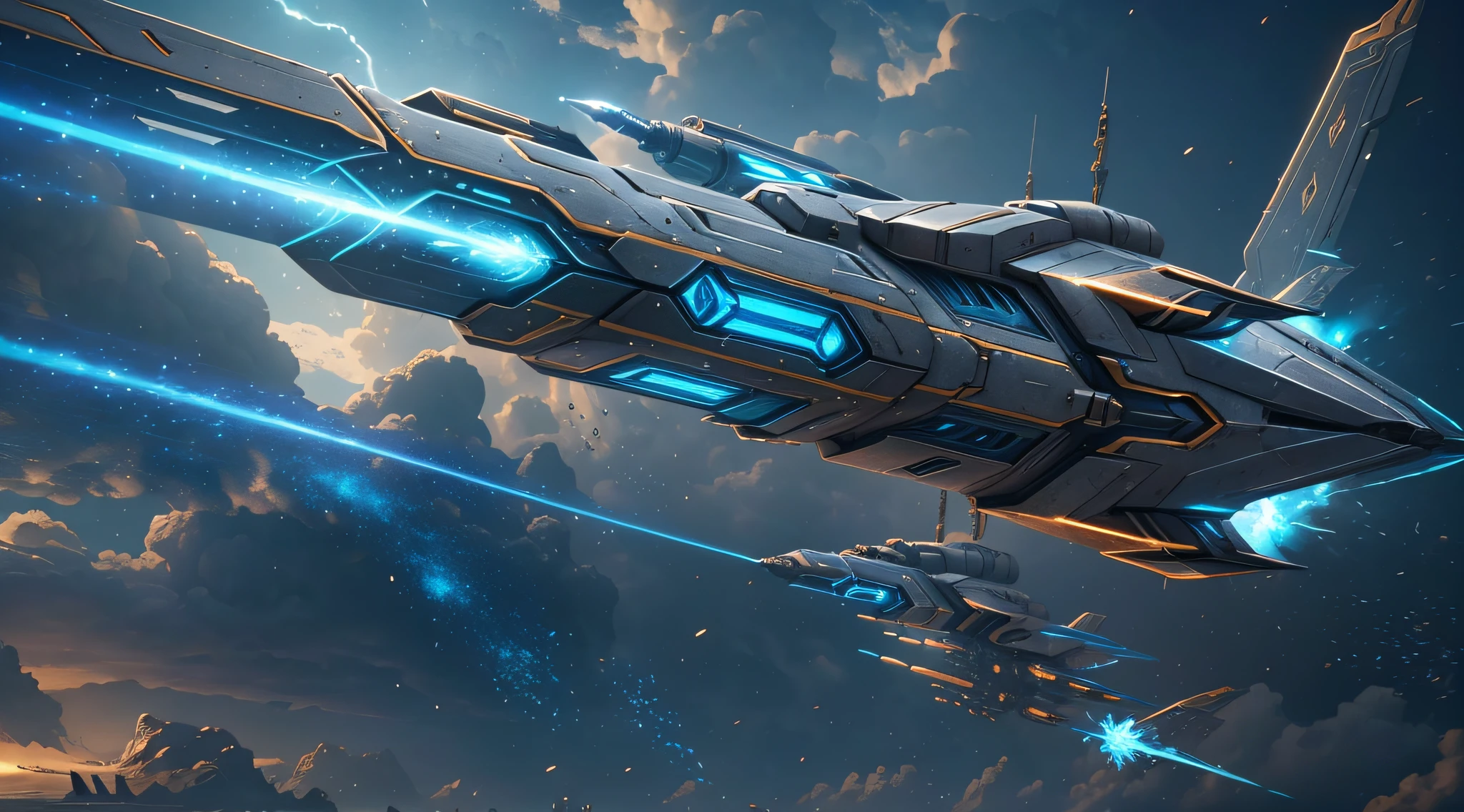 Steampunk style, cold colors, cinematic effects, futuristic sci-fi giant fighter, fighter hangs with multiple missiles, streamlined body, super detail, light and shadow, particle light, particle special effects, blue flame erupting from the tail, ambient lights, surreal sci-fi dock in the background, aesthetic, 8K, top painting, concept art, epic composition, with HD details, metallic texture and tension composition, hyper-realistic, ultra-realistic, rich in detail, 3D.