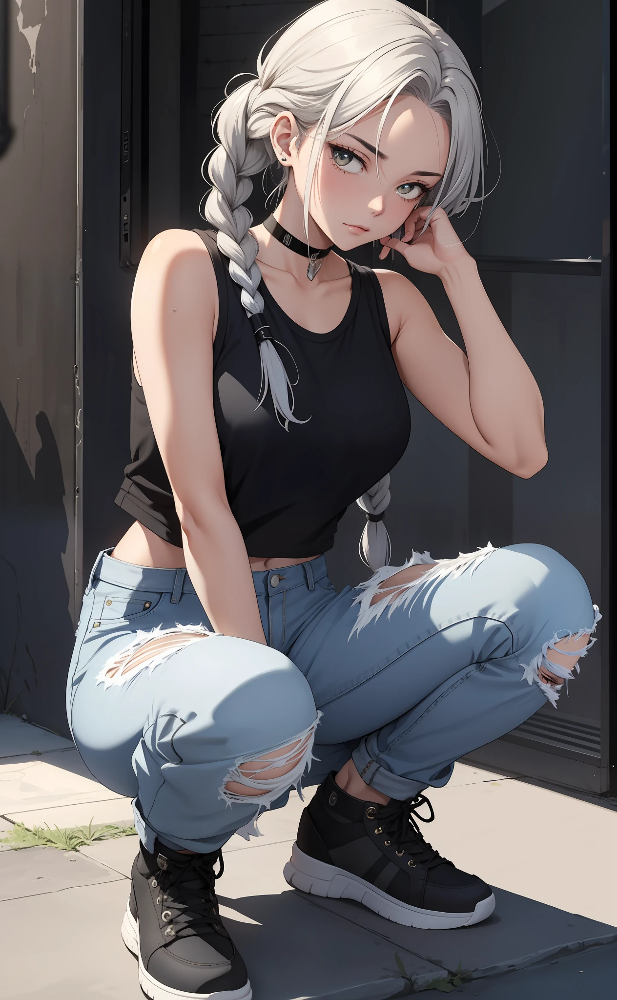 Best quality, masterpiece, beautiful cool edgy girl, wearing a sleeveless top, silver long braided hair, choker, baggy jeans, sweaty sexy armpits, squatting on the ground