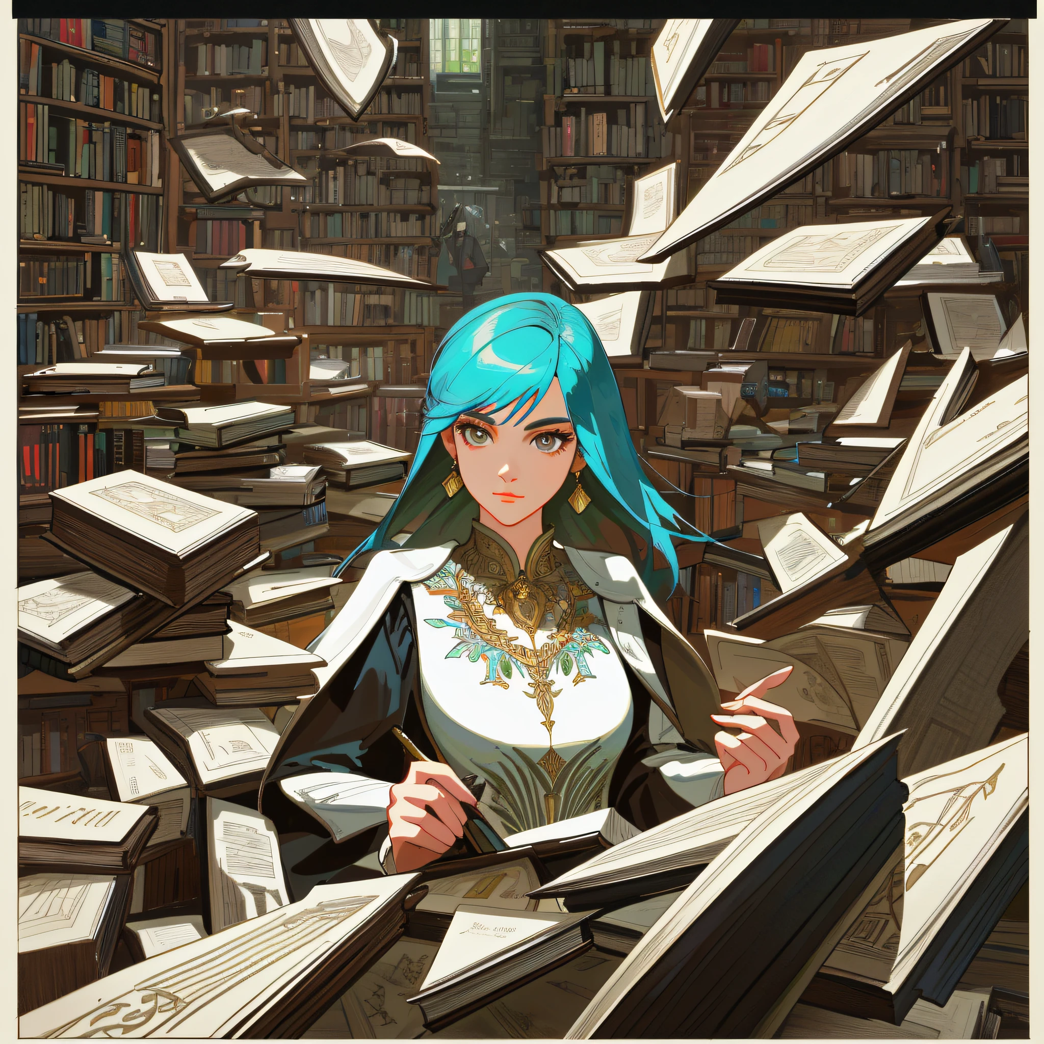 A woman surrounded by books, different types of books, realistic style, highly detailed elements, creating sharp images will give you a colorful, classic and elegant look.