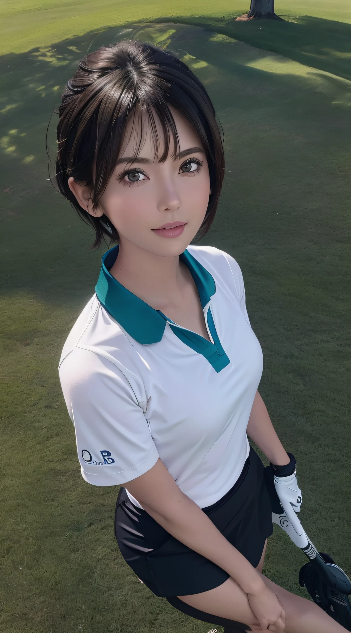 (Masterpiece: 1.3), (8k, photorealistic, RAW photo, best quality: 1.4), (1girl), beautiful face, (realistic face), (black hair, short hair: 1.3), beautiful hairstyle, realistic eyes, beautiful detail eyes, (realistic skin), beautiful skin, (pink golf wear), absurd, attractive, ultra high resolution, ultra realistic, high definition, golden ratio, (golf_ Wearing outfit, wearing golf_Sun visor), cute, girls, golf, fashionable golf wear