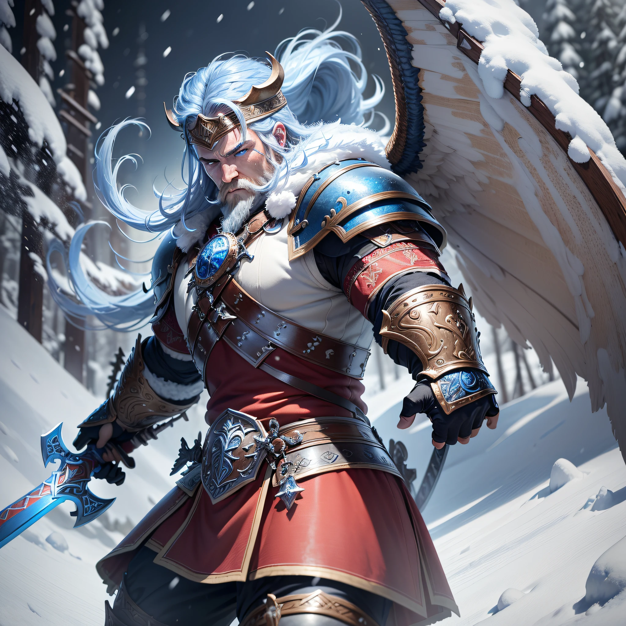 (best quality,masterpiece,ultra-detailed CG 8k wallpaper unit,viking warrior,muscle details:1.3,front view,blue eyes,red on sword,flying chunks of snow,snow flying:0.9,deep blue tones) --auto --s2