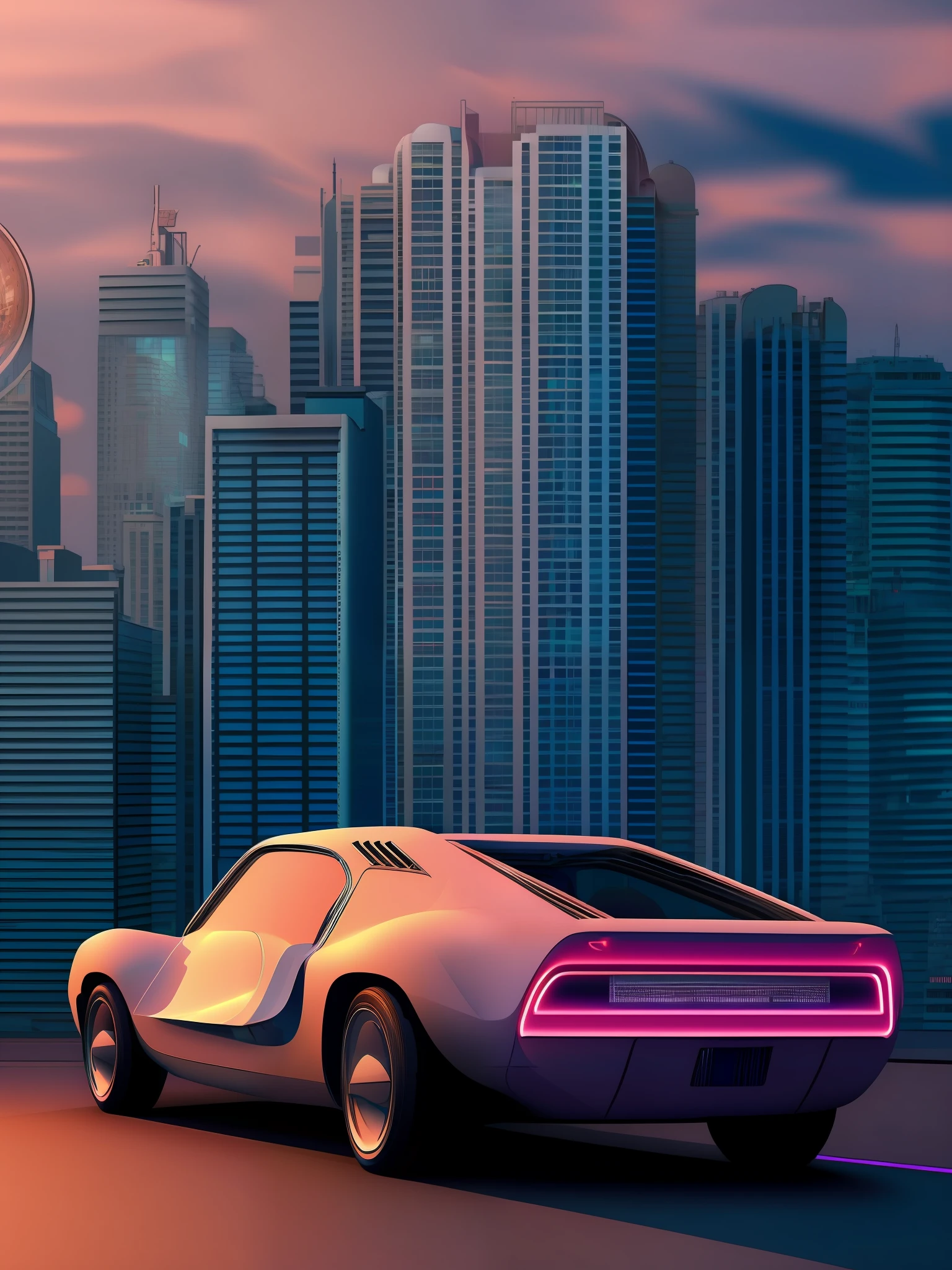 There is a car that is parked on the street with a city in the background, electric, neon retro, retrowave art, retrofuturism, sunset, centered car