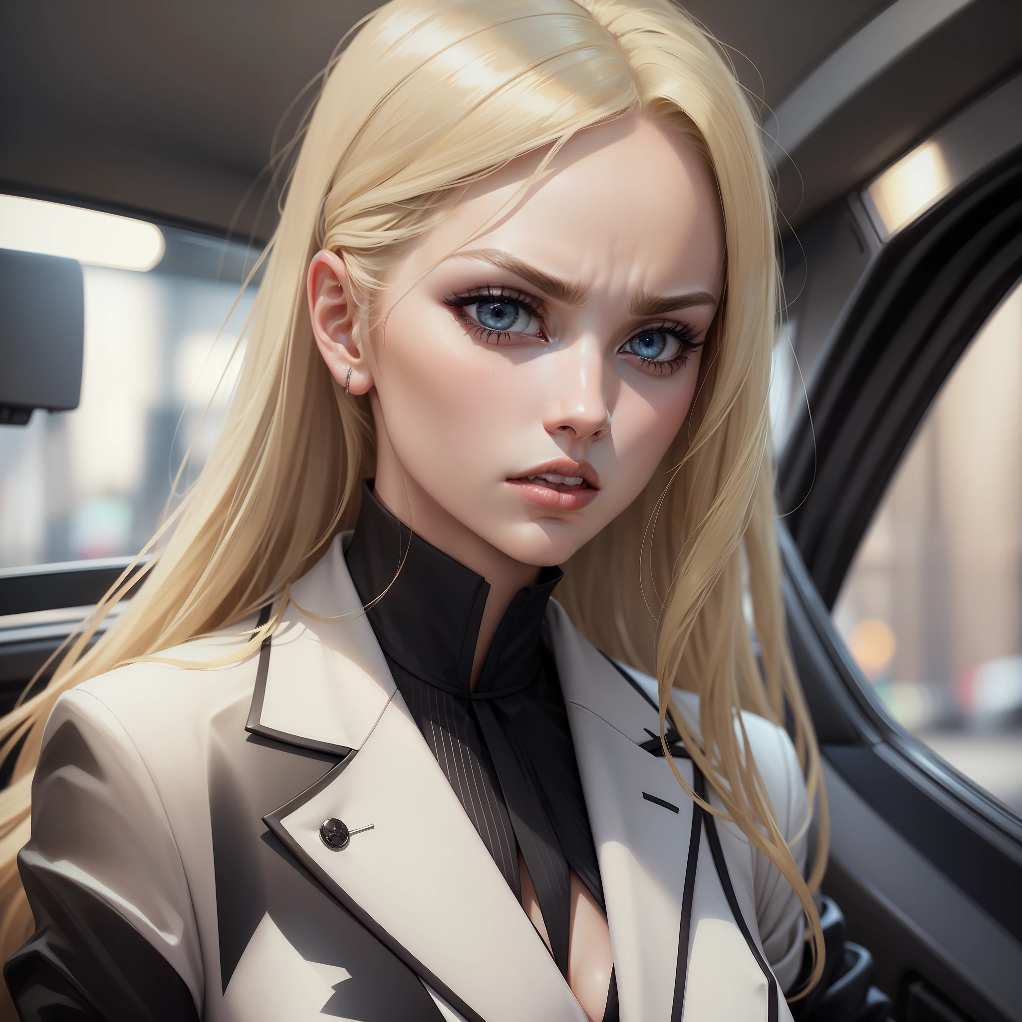 Ultra realistic image of a beautiful blonde woman, light eyes, dressed in a formal ensemble with a white blazer with black details, driving, angry expression, closed mouth, frontal image