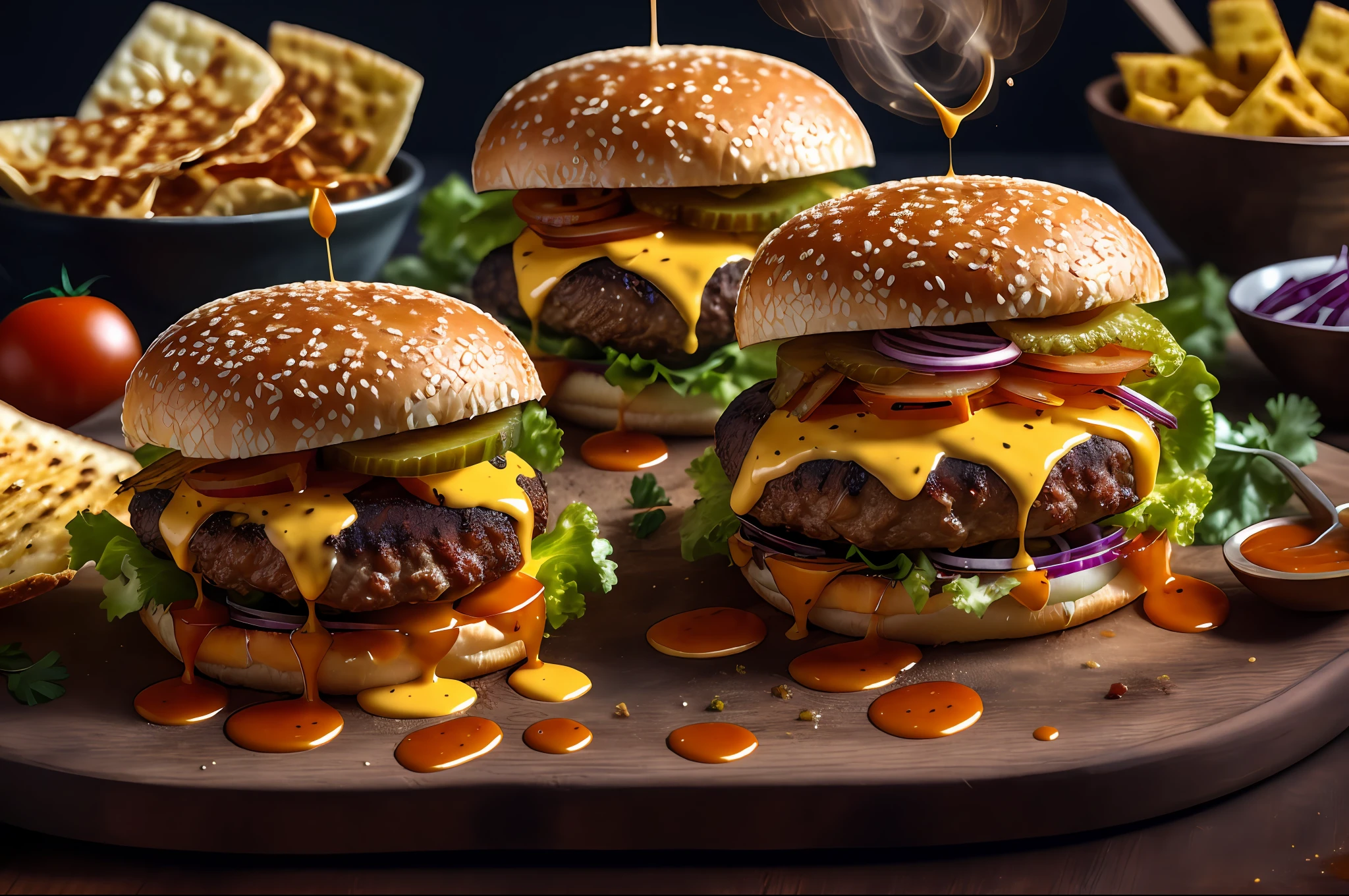 masterpiece, best quality, hamburger photo, food, food focus, The "PopBola Fusion" is an exclusive and time-limited delivery sandwich designed to satisfy your discerning palate. We start with a juicy grilled Angus beef, topped with melted cheddar cheese. Next, we add a generous layer of handmade barbecue sauce, which offers a smoky and slightly spicy touch.
To add a touch of freshness, we added crispy slices of smoked bacon and a unique combination of grilled pineapple and caramelized onion. This unusual blend brings a contrast of irresistible flavors, balancing the soft sweetness of pineapple with the slightly sweet flavor of caramelized onion.
We finished the "PopBola Fusion" with a crunchy layer of fresh lettuce, ripe tomatoes and a touch of special mayonnaise, which takes soy sauce, red cabbage and Dijon mustard. All this is carefully placed between two slices of a soft, lightly toasted bread, ensuring a complete experience of flavors and textures.