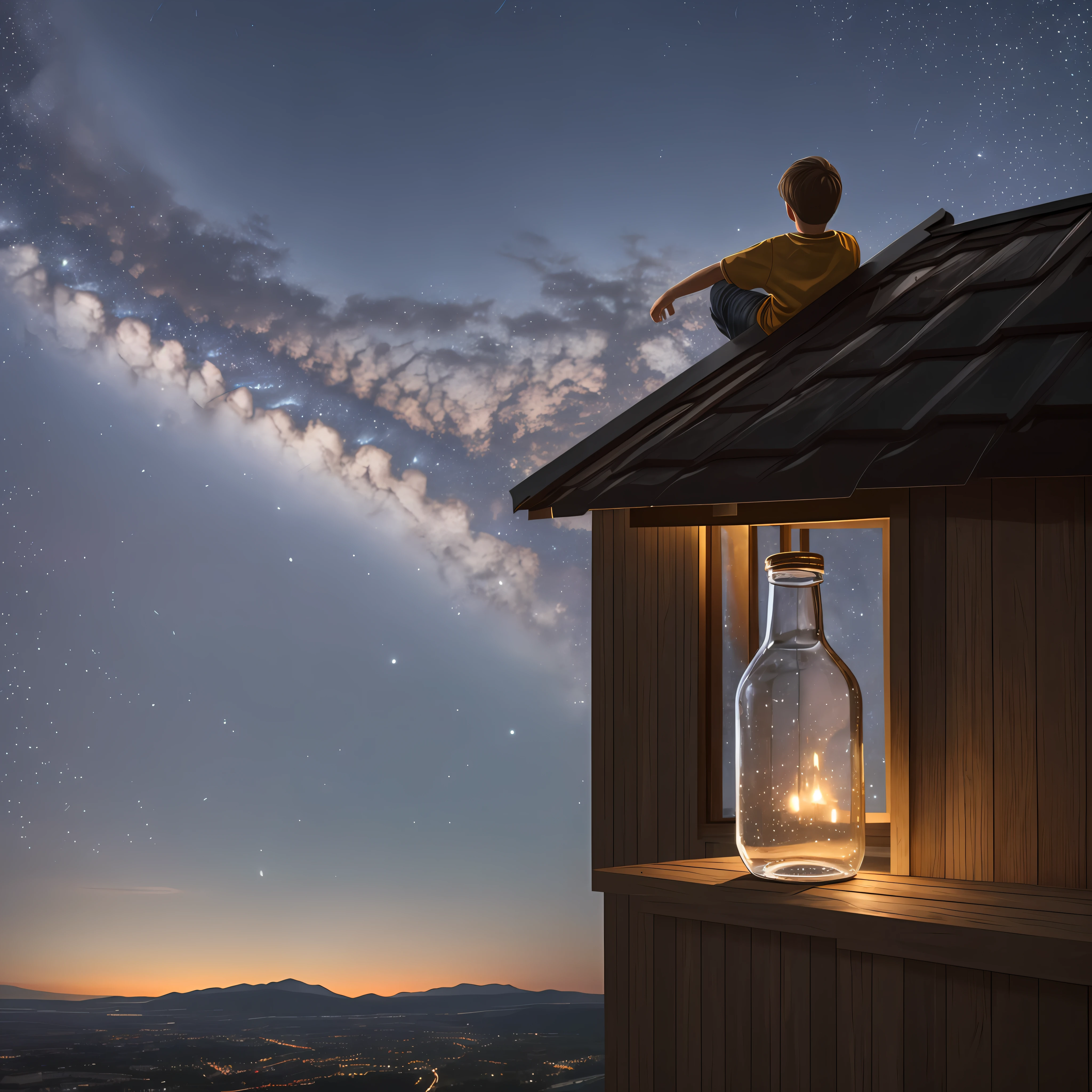 1 boy,siting in ,top of house,a glass bottle,in hand ,sad, looking in the sky,night time,over view, realistic, detailed, masterpiece, top quality, 8k, award winning picture --auto --s2