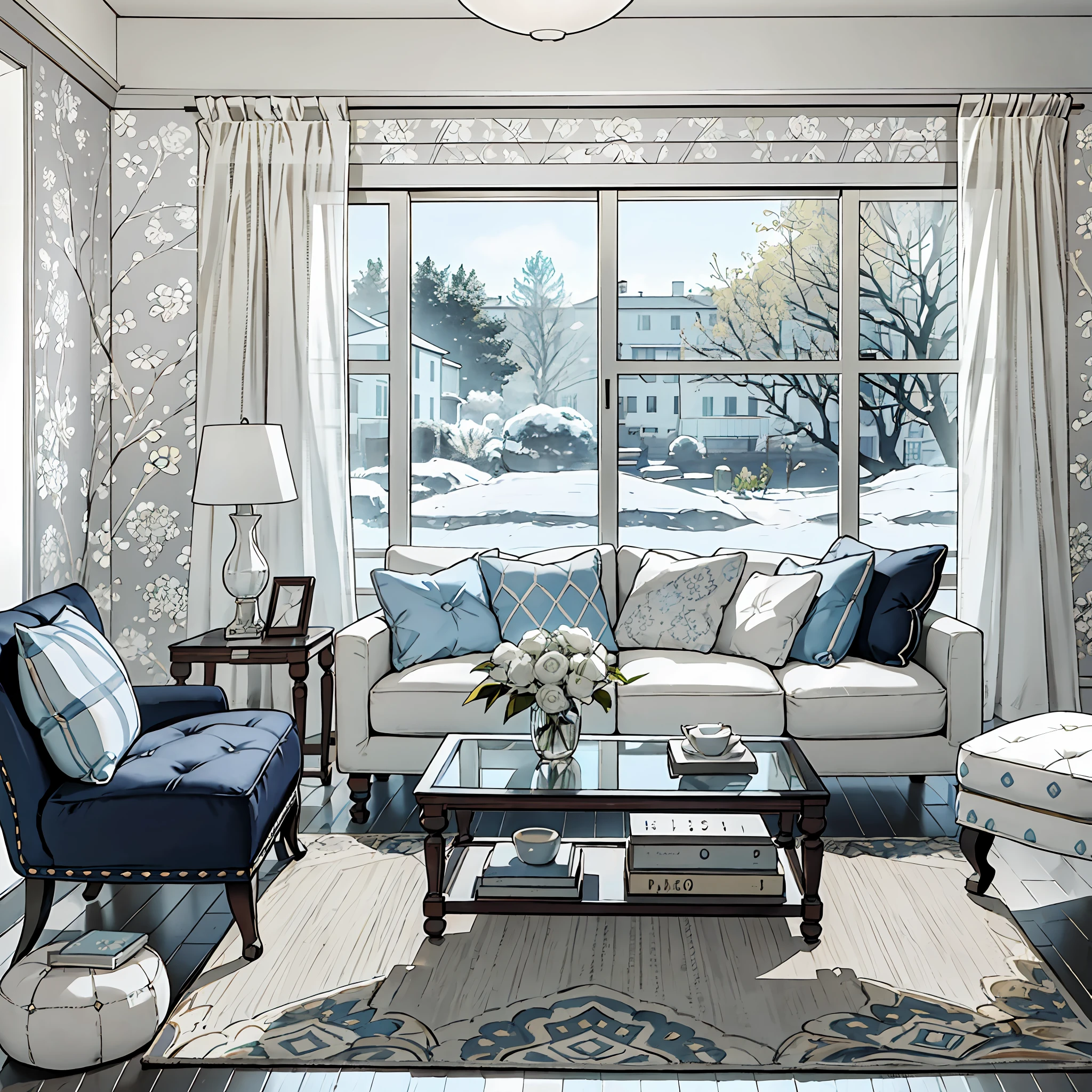 manages a photograph of a living room, white porcelain floor, carpet with geometric print, square glass coffee table with vase and foliage on it, gray sofa with light wooden feet, grayish blue cushions and cushions with geometric pattern in black and white, smooth walls beige color and pictures behind the sofa a window, transparent fabric curtain, white ceiling --auto --s2