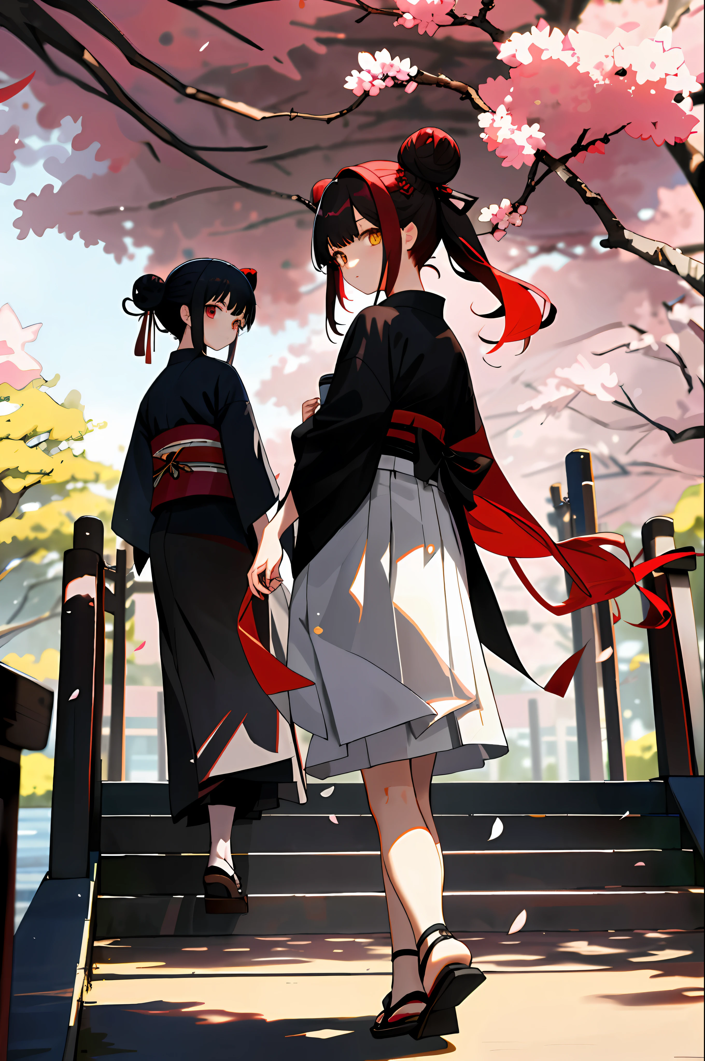 ((masterpiece,best quality)),2girls, black kimono, black legwear, black ribbon, black hair, cherry blossoms, day, flower, hair bun, hair ribbon, japanese clothes, kimono, long hair, looking at viewer, looking back , multiple girls, belts, outdoors, red eyes, red hair, ribbon, sandals, single bun, stairs, standing, statue, torii, tree, white kimono, yellow eyes