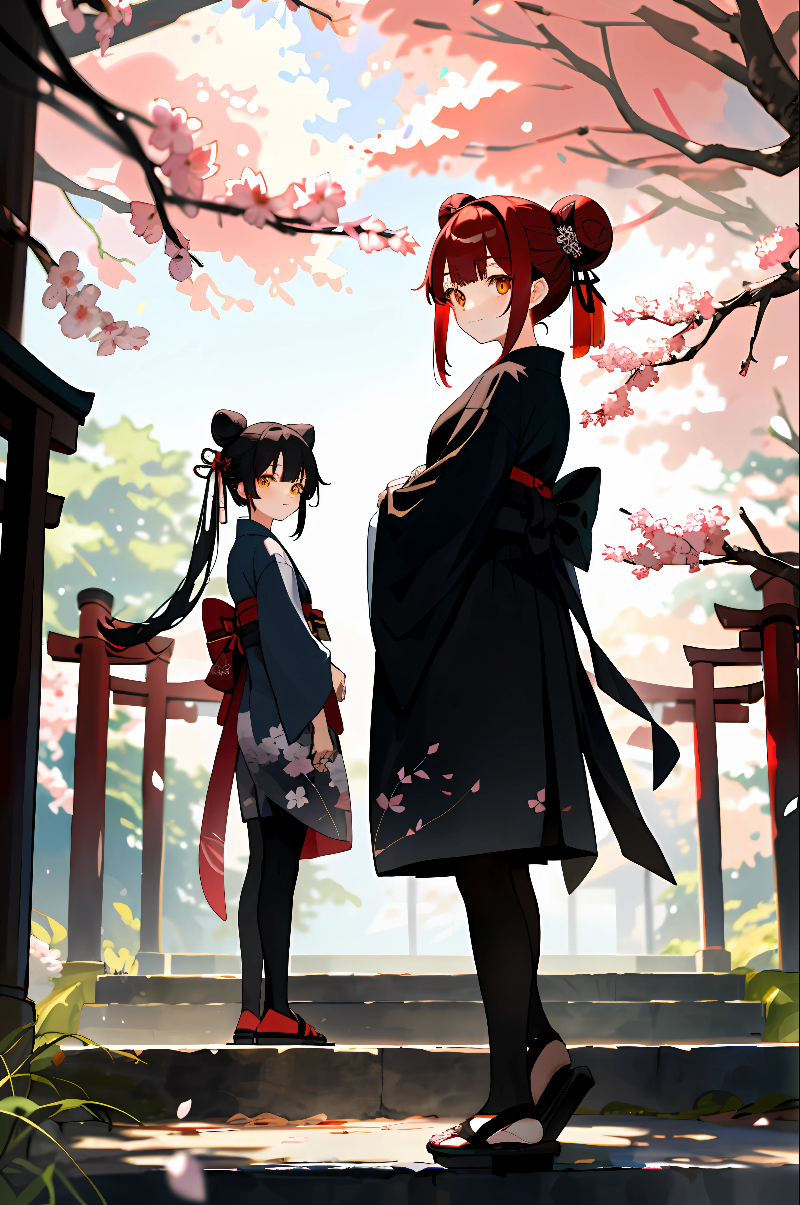 ((masterpiece,best quality)),2girls, black kimono, black legwear, black ribbon, black hair, cherry blossoms, day, flower, hair bun, hair ribbon, japanese clothes, kimono, long hair, looking at viewer, looking back , multiple girls, belts, outdoors, red eyes, red hair, ribbon, sandals, single bun, stairs, standing, statue, torii, tree, white kimono, yellow eyes