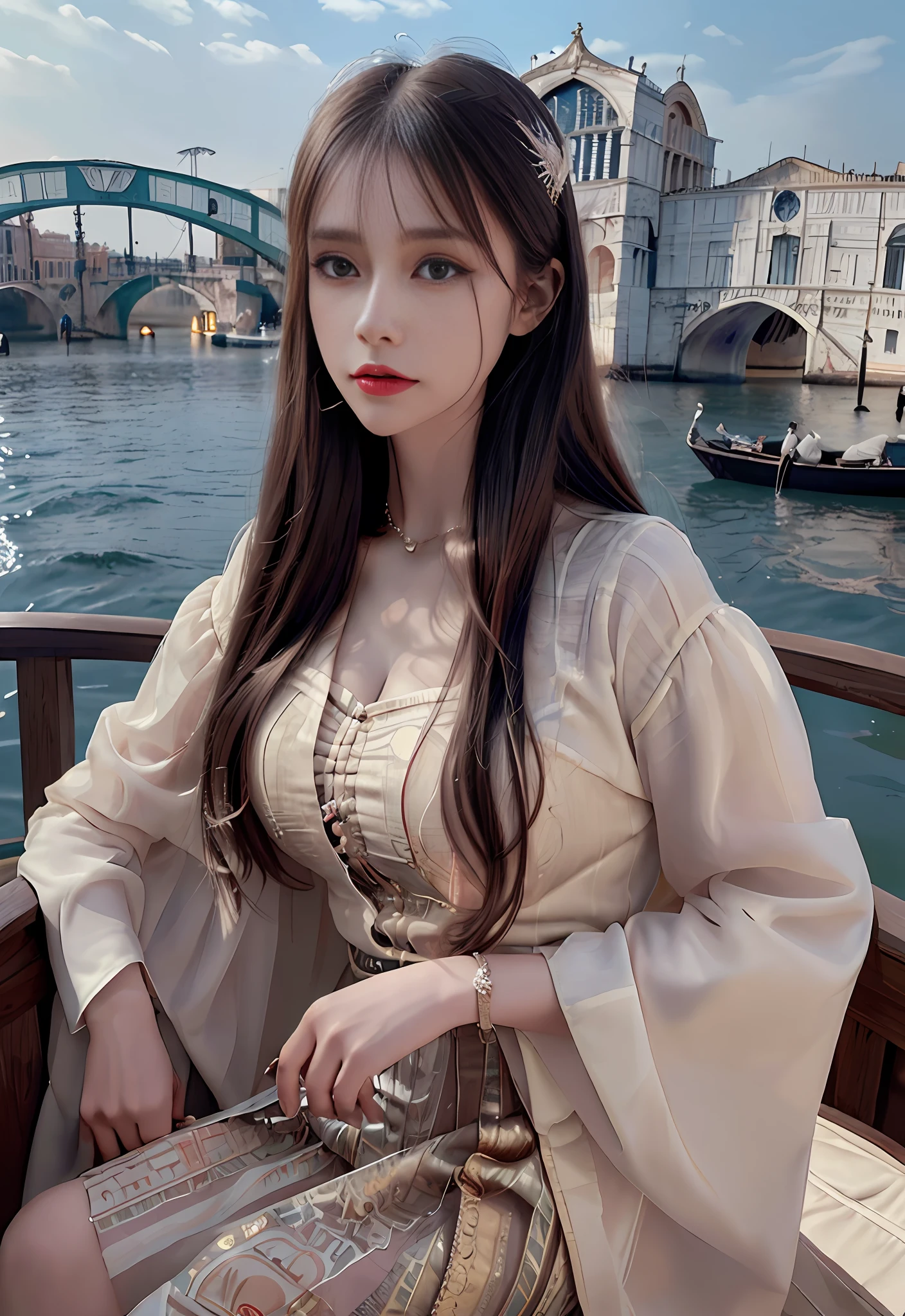 a hyper realistic ultra detailed photograph of a beautiful girl as a female 2020s dancer on the boat of 2020s Venice,(Bridge Of Sighs background),(princess eyes,shiny pupils), detailed symmetric beautiful hazel eyes, detailed gorgeous face, peaky blinders environemt, trending on cg society, bauhaus, bulgari, colourful atmosphere, official valentino editorial, moonlight, medium symmetry, neoprene, behance contest winner, portrait featured on unsplash, stylized digital art, smooth, ultra high definition, 8k, unreal engine 5, ultra sharp focus, award-winning photograph, Canon EOS 5D Mark IV DSLR, f/8, ISO 100, 1/250 second, TanvirTamim, trending on artstation, by artgerm, h. r. giger and beksinski, highly detailed, vibrant