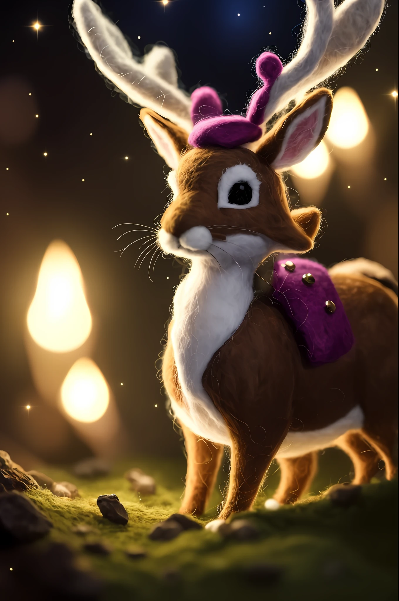 beautiful portrait of cute jackalope in the middle of magical forrest at night, magic lights, sparkles, felt, felted, fuzzy, handmade, handcrafted, plushie, doll, diorama, scene, close up, tilt shift, award winning photography, intricate details, insanely detailed, cinematic lighting, sharp focus, 85mm lens, unreal engine, octane render