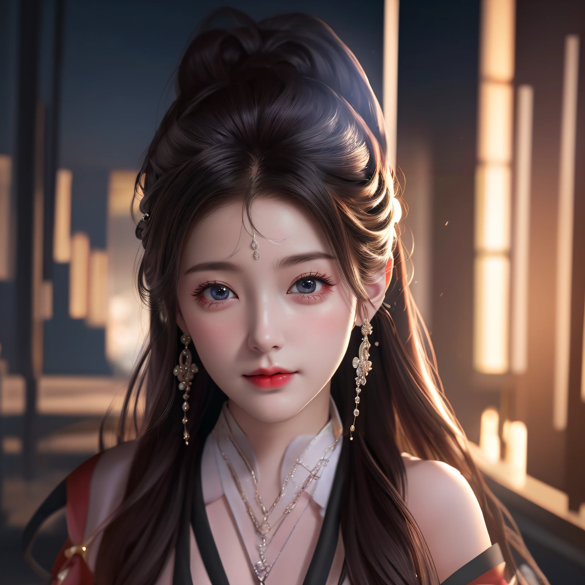 there is a woman with long hair and earrings posing for a picture, 8k portrait render, artwork in the style of guweiz, soft portrait shot 8 k, 8k high quality detailed art, palace , a girl in hanfu, trending on cgstation, guweiz, 3 d render character art 8 k, realistic anime 3 d style