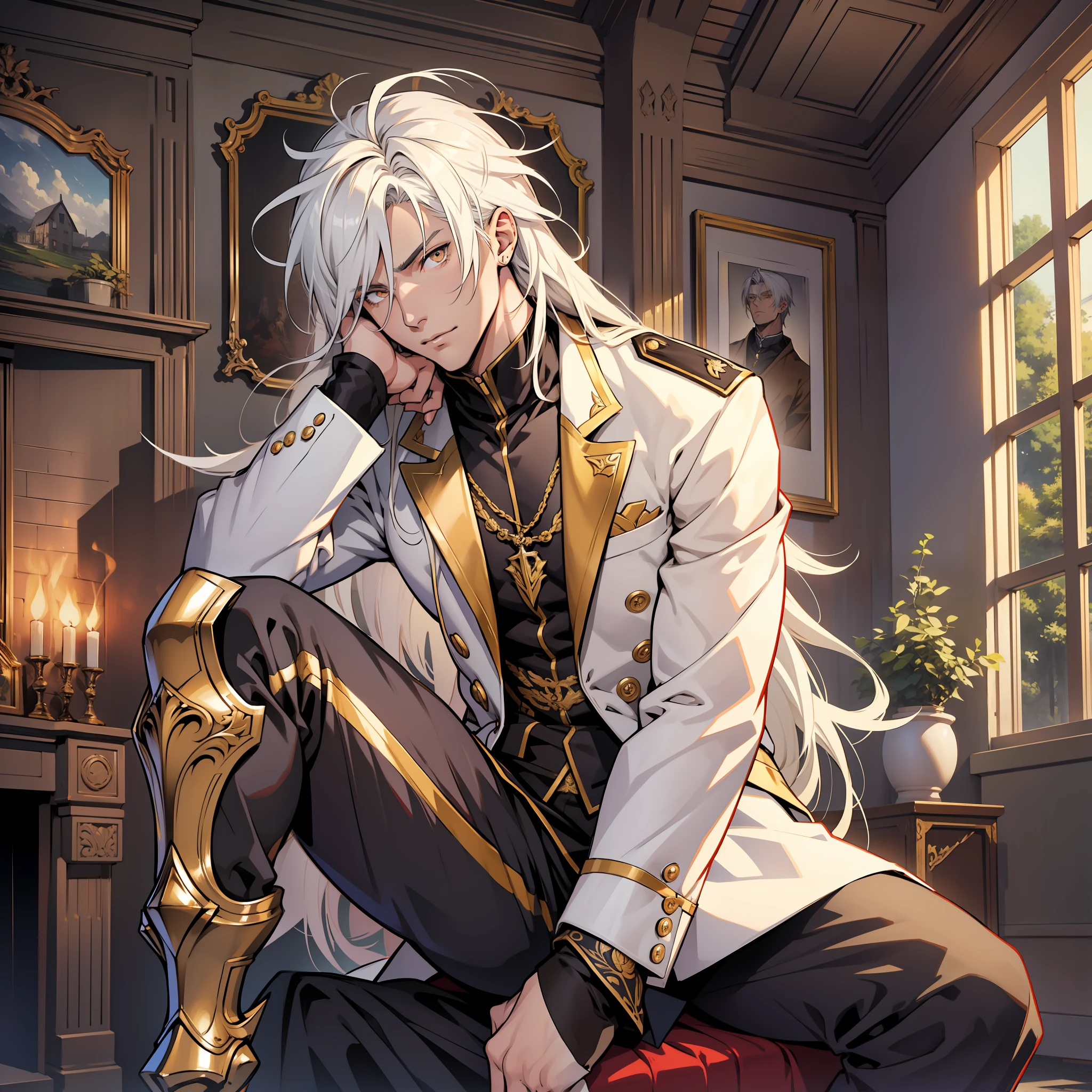 Detailed anime art, handsome anime man, tall man, man with trained body, defined body, detailed body, well drawn body, good anatomy, bright golden eyes, detailed eyes, well drawn eyes, detailed face, well done face, detailed hair, high quality hair, straight long hair, shoulder-length hair, white hair, straight hair, hair with a single black lock, manly man, mature man, adult, anime man wearing a white suit sitting on an upholstered poutrona, detailed environment, detailed background, cozy house, fireplace, ultra detailed environment, suit with red details, masterpiece, high image quality, well detailed, quality drawing, 2b, 2 b, well designed, ultra quality! Super detailed dash! Vermouth Lionheart as a base