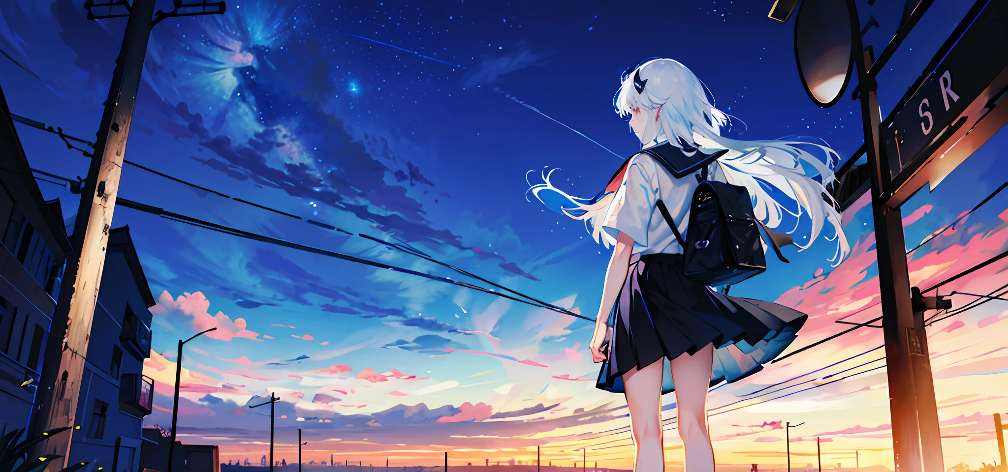 ((best quality)), ((masterpiece)), ((ultra-detailed)), (illustration), (detailed light), (an extremely delicate and beautiful), sky, star (sky), starry sky, scenery, outdoors, 1girl, crescent moon, cloud, night, skirt, white shirt, moon, bag, shirt, school uniform, night sky, sign, building,short sleeves, standing,long hair, solo, white hair, school bag, pleated skirt, facing away, power lines, backpack, utility pole,full body, black legwear,