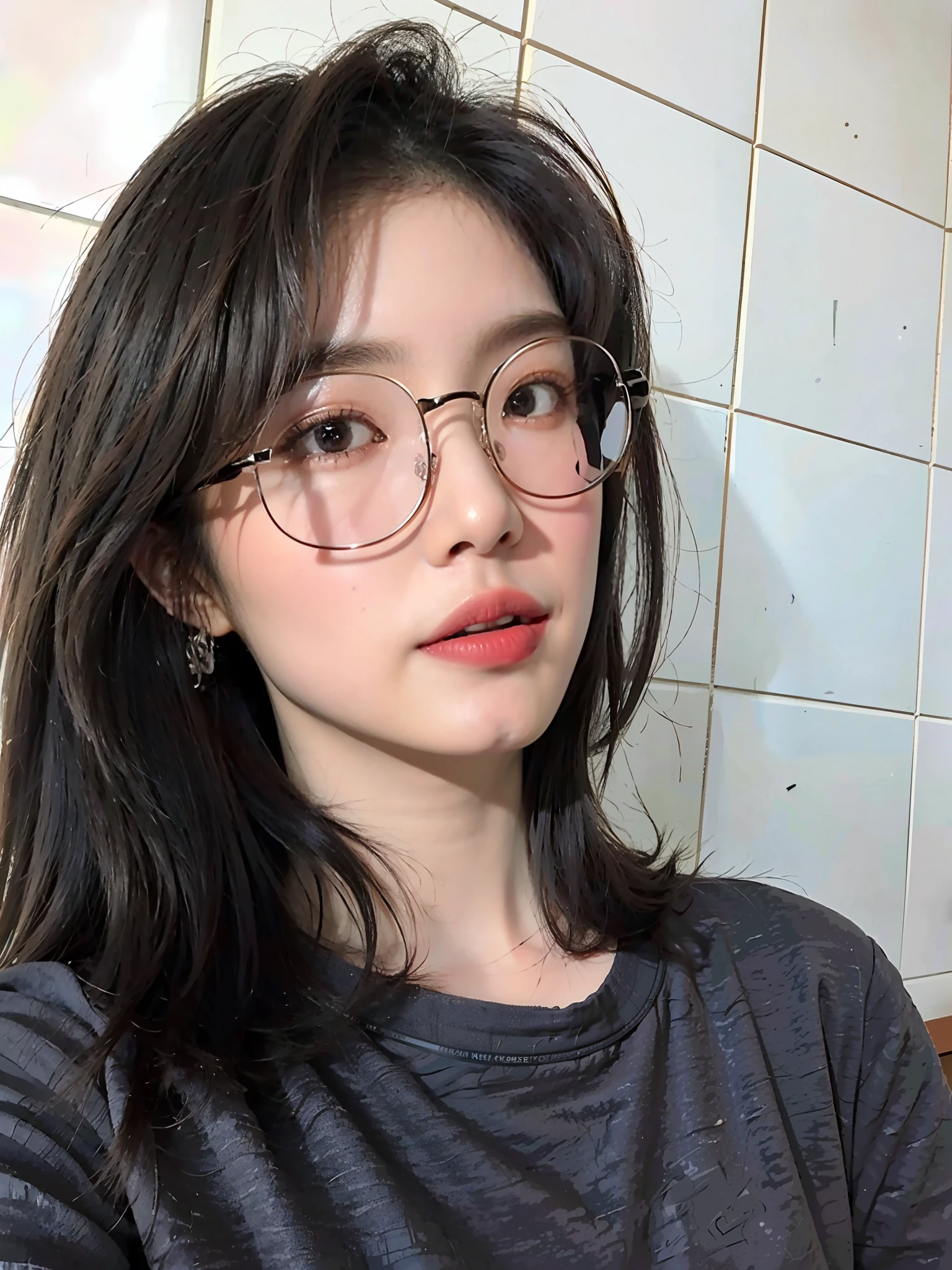 a close up of a woman wearing glasses and a gray shirt, wearing thin large round glasses, with glasses, wearing small round glasses, 19-year-old girl, with square glasses, girl wearing round glasses, korean girl, big round glasses, girl with glasses, xintong chen, wearing round glasses, spectacled, 8k selfie photograph, round glasses