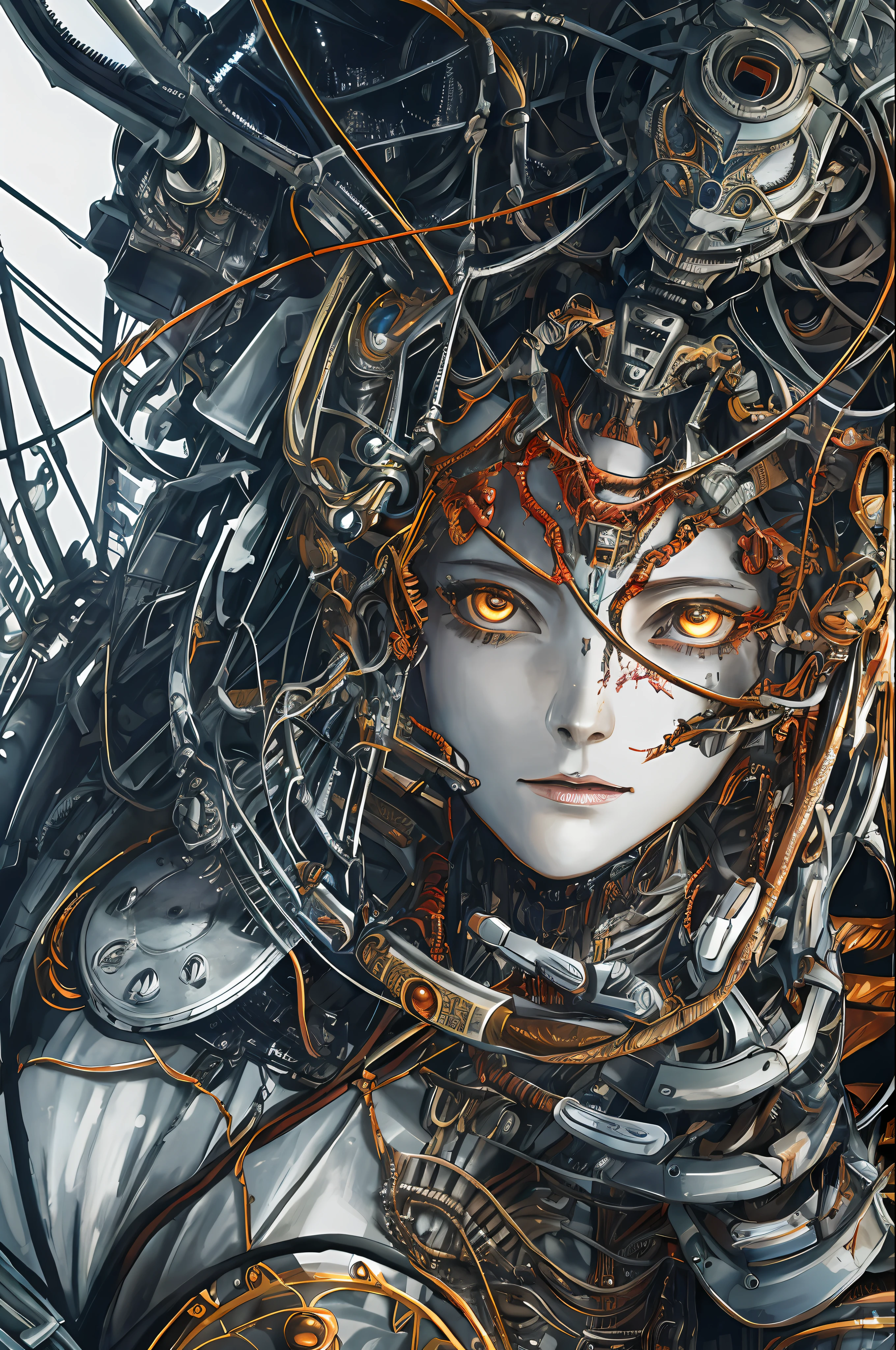 1. Mechanical Girl, (Ultra-realistic Detail)), Portrait, Global Illumination, Shadows, Octane Rendering, 8K, Ultra Sharp, Metal, Intricate Ornament Details, Cold Colors, Egyptian Details, Very Intricate Details, Realistic Light, CGSoation Trends, Glowing Eyes, Facing the Camera, Neon Details, Mechanical Limbs, blood vessels connected to the tube, mechanical vertebrae attached to the back, mechanical cervical attachment to the neck, sitting, wires and cables connecting to the head, Evangelion, small LED lamps,