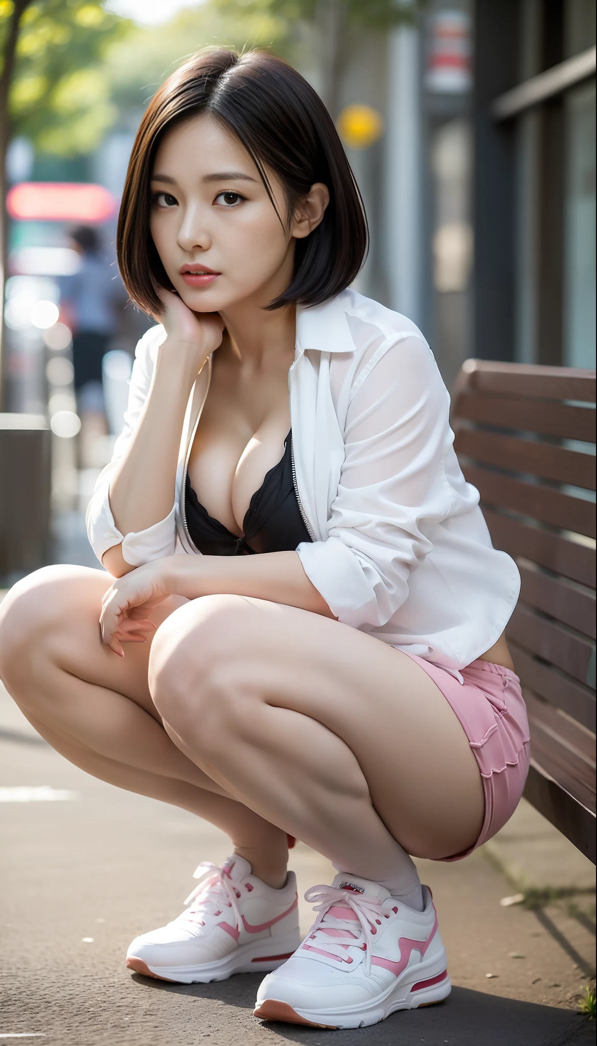 ((squatting)), (pants are visible)), crotch open, zoom to rhyme, Japan girl one, solo, open shirt, cleavage, white sneakers, ((big breasts that make the chest tight)), emphasizing breasts, miniskirt, shock pink pantyhose, masterpiece, top quality, realistic, hyper detail, (glossy skin, sweaty: 1.4), absurdity, looking at the camera, short black hair, Brown Eyes, Slender, Dynamic Lighting, High Resolution, Sharp Focus, Depth of Field, Detailed Eyes, Sharp Eyes, Realistic Eyes, (Big, Big: 1.6), (Thick Thighs: 1.0), Bench, Park