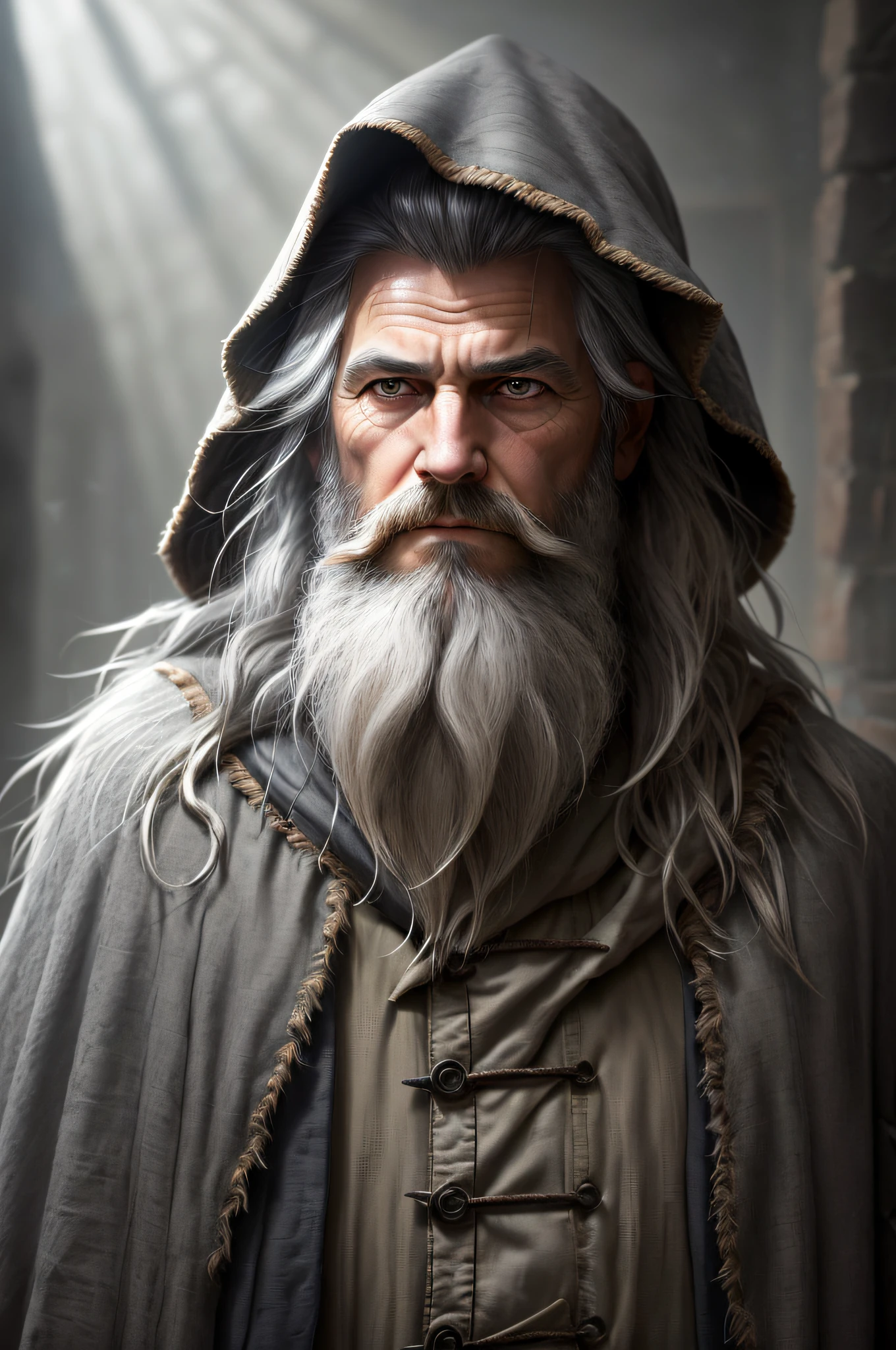 photo, old evil hermit, medieval, piercing_deep-set_eyes, wrinkled face, dark_stichted_cloak, (dramatic lighting:1.25), (dark background:1.2), (dirty_ unkempt_gray_hair:1.2), (long_shaggy_beard:1.3), (faded colors:1.1), (sharp focus:1.1), (shadows:1.2), (subtle HDR:1.3), (realistic skin texture:1.25), (detailed hair:1.2), (sandy texture:1.1), (cinematic appearance:1.2), (powerful pose:1.3), (blush:0.5), (goosebumps: 0.5), subsurface dispersion, detailed_grey_eyes,
full body