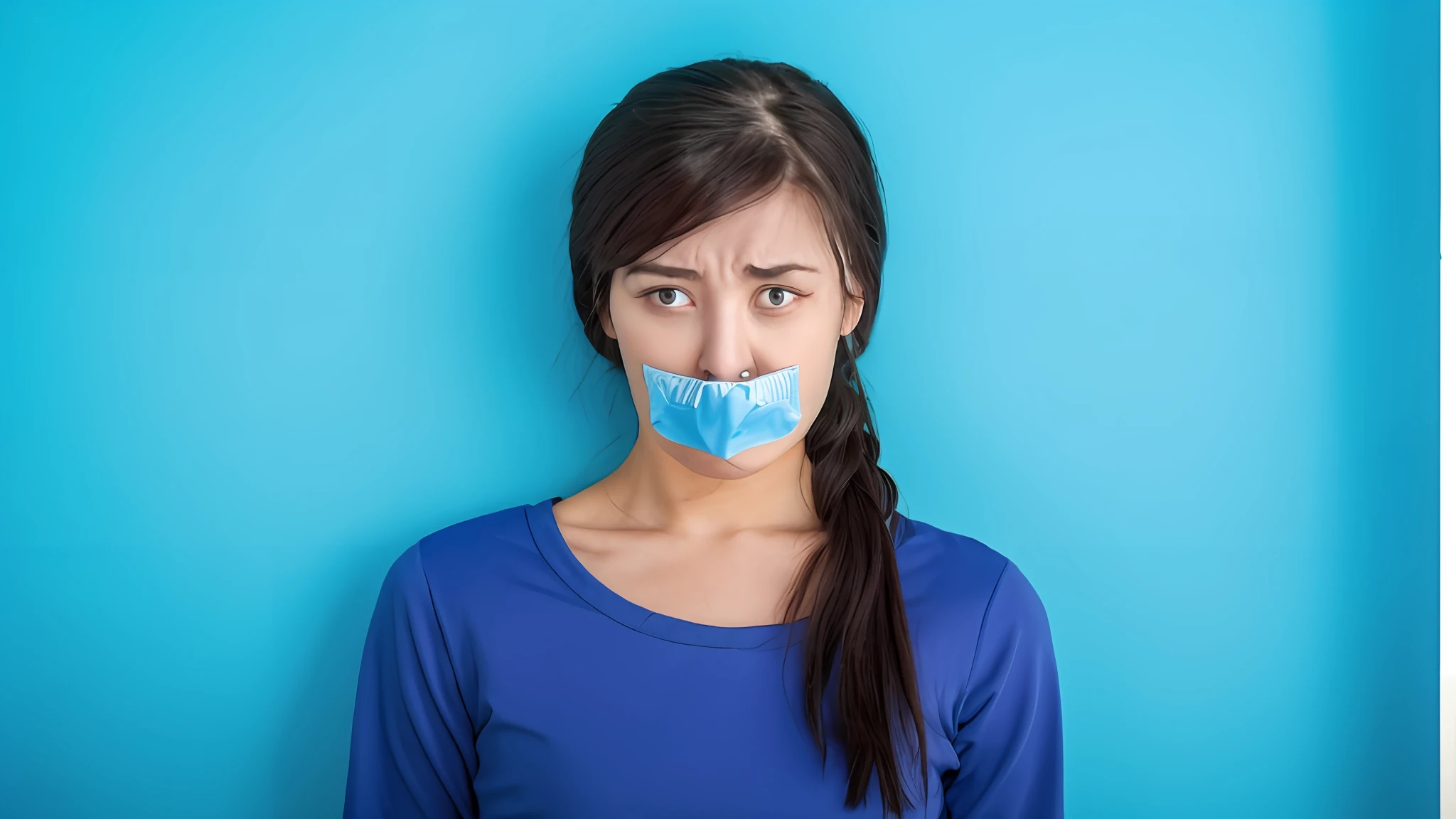 Arafed woman with gag covered her mouth against blue wall, blank expression on her face, mouth closed, mouth closed, grimace, mouth closed, face pleading, gag covering mouth, censored, mouth closed, photo of young woman, shutterstock, young woman angry, oppression, silence, hand over mouth, tallasophobia