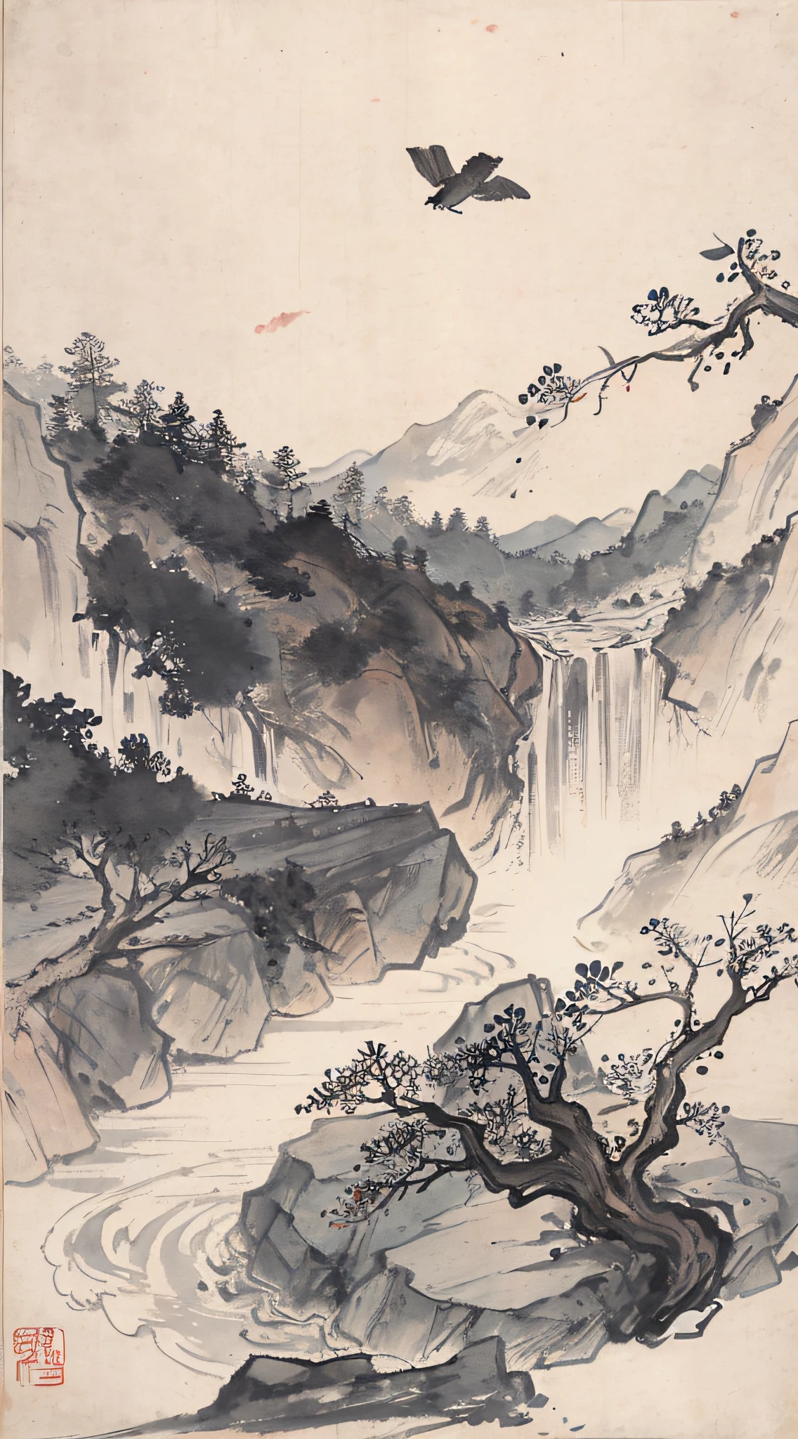 (Masterpiece, best quality: 1.2), traditional Chinese ink painting, large waterfalls between mountains, big rivers, grand, flying birds