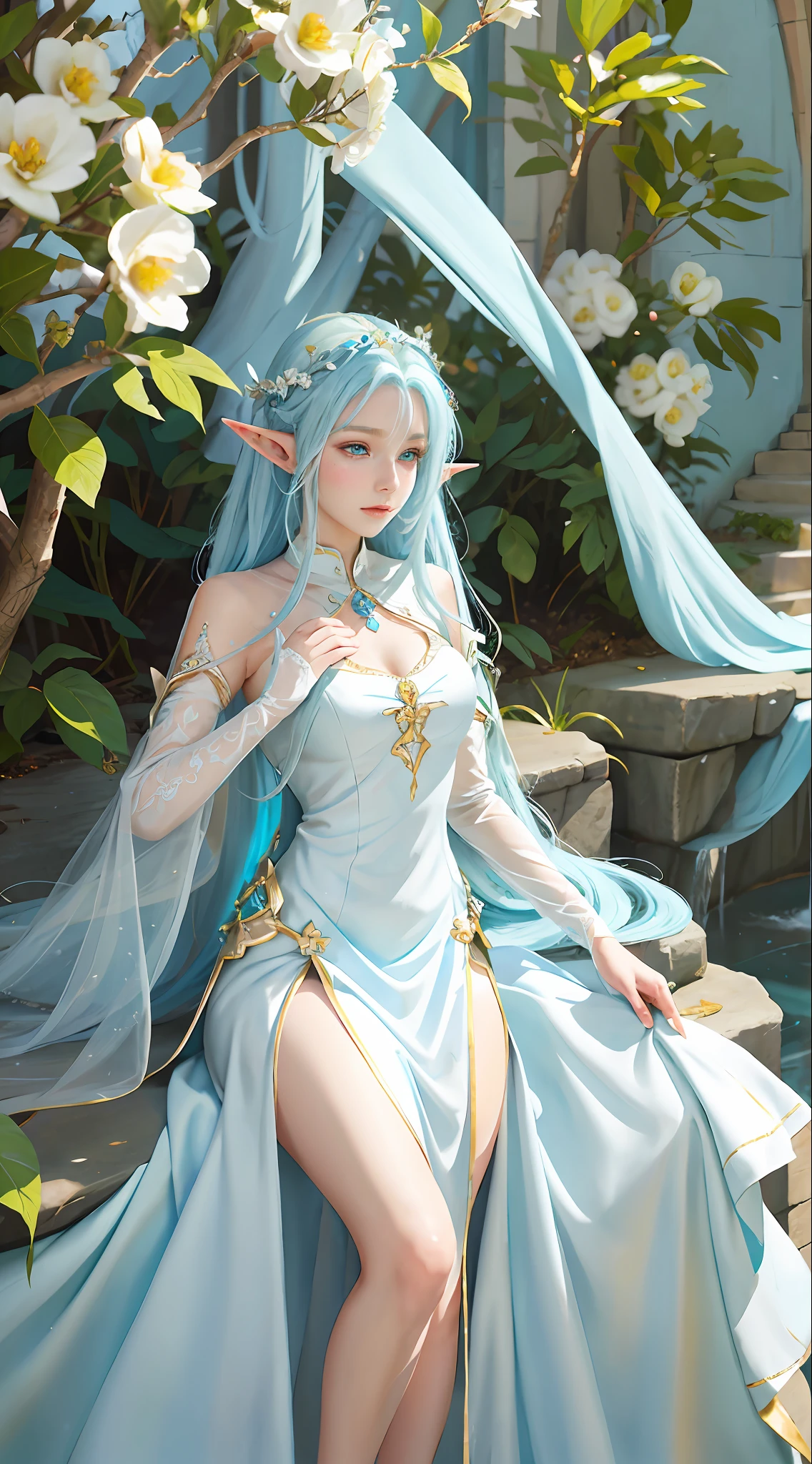 a close up of a woman in a white dress and blue hair, beautiful and elegant elf queen, elf girl, beautiful character painting, fantasy art style, elf princess, alluring elf princess knight, the style of wlop, elf girl wearing an flower suit, beautiful and elegant female elf, wlop rossdraws, 2. 5 d cgi anime fantasy artwork