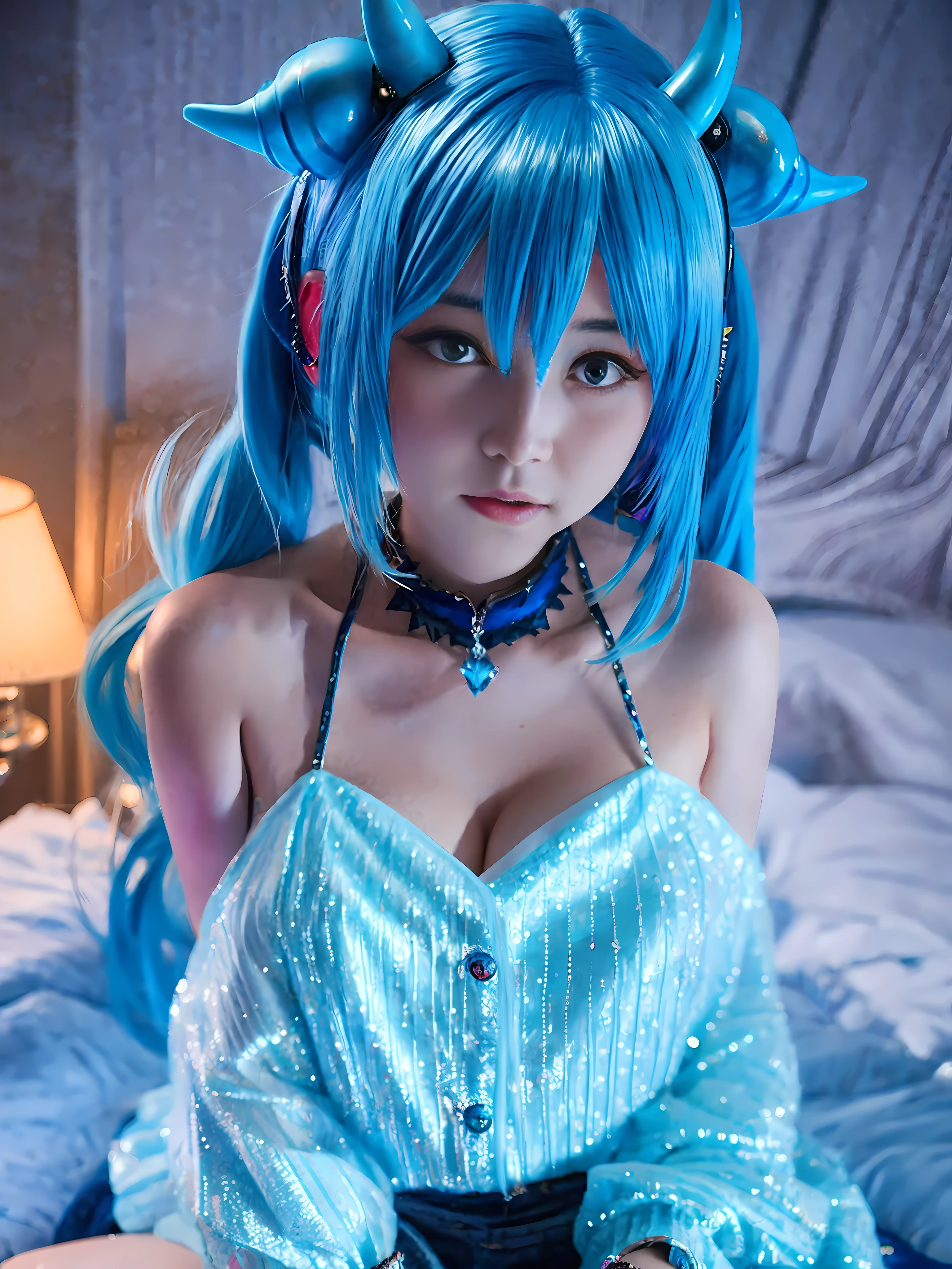 anime girl with blue hair and horns sitting on bed, seductive anime girl, [digital art 4k]!!, detailed anime digital art, anime! 4k, animation! 4k, anime style 4k, highly detailed artgerm, guweiz at artstation pixiv, digital anime art, mikudayo, guweiz at artstation pixiv